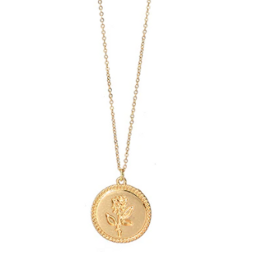 Gold Coin Pendant Necklace featuring a rose flower design on a dainty link chain, elegantly displayed in a gift box.