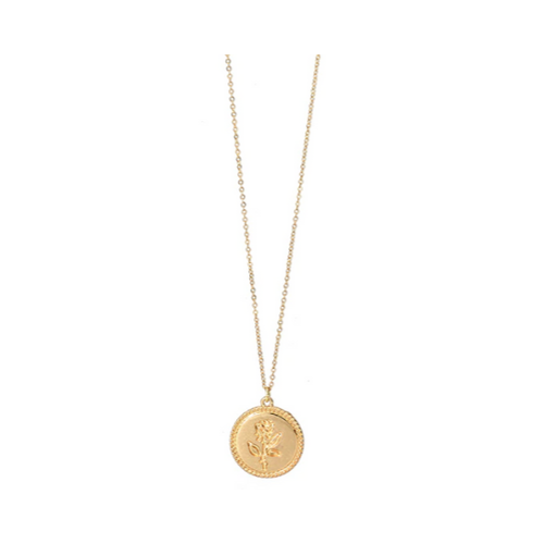 Gold Coin Pendant Necklace featuring a rose flower design on a dainty link chain, elegantly displayed in a gift box.