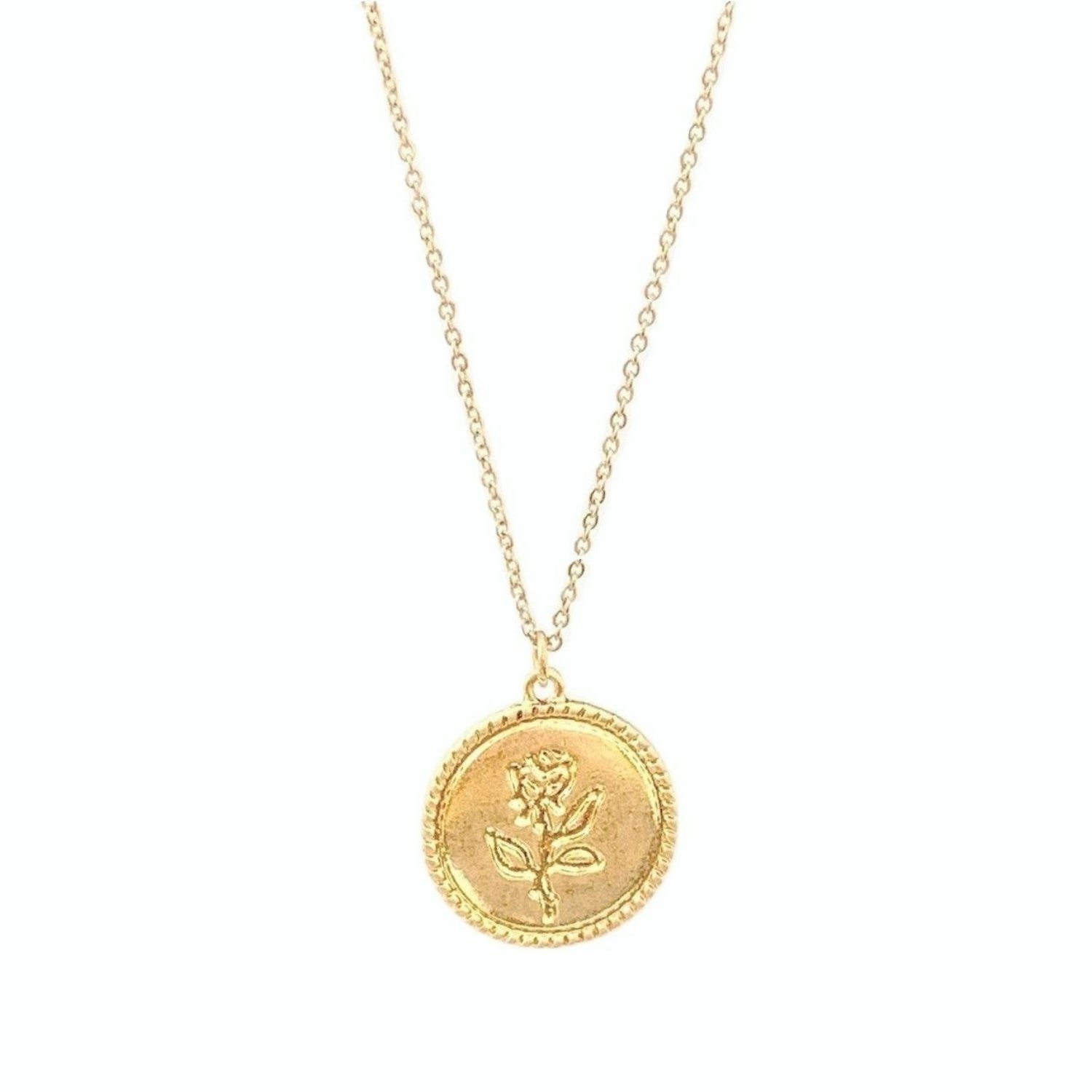 Gold Coin Pendant Necklace featuring a rose flower design on a dainty link chain, elegantly displayed in a gift box.