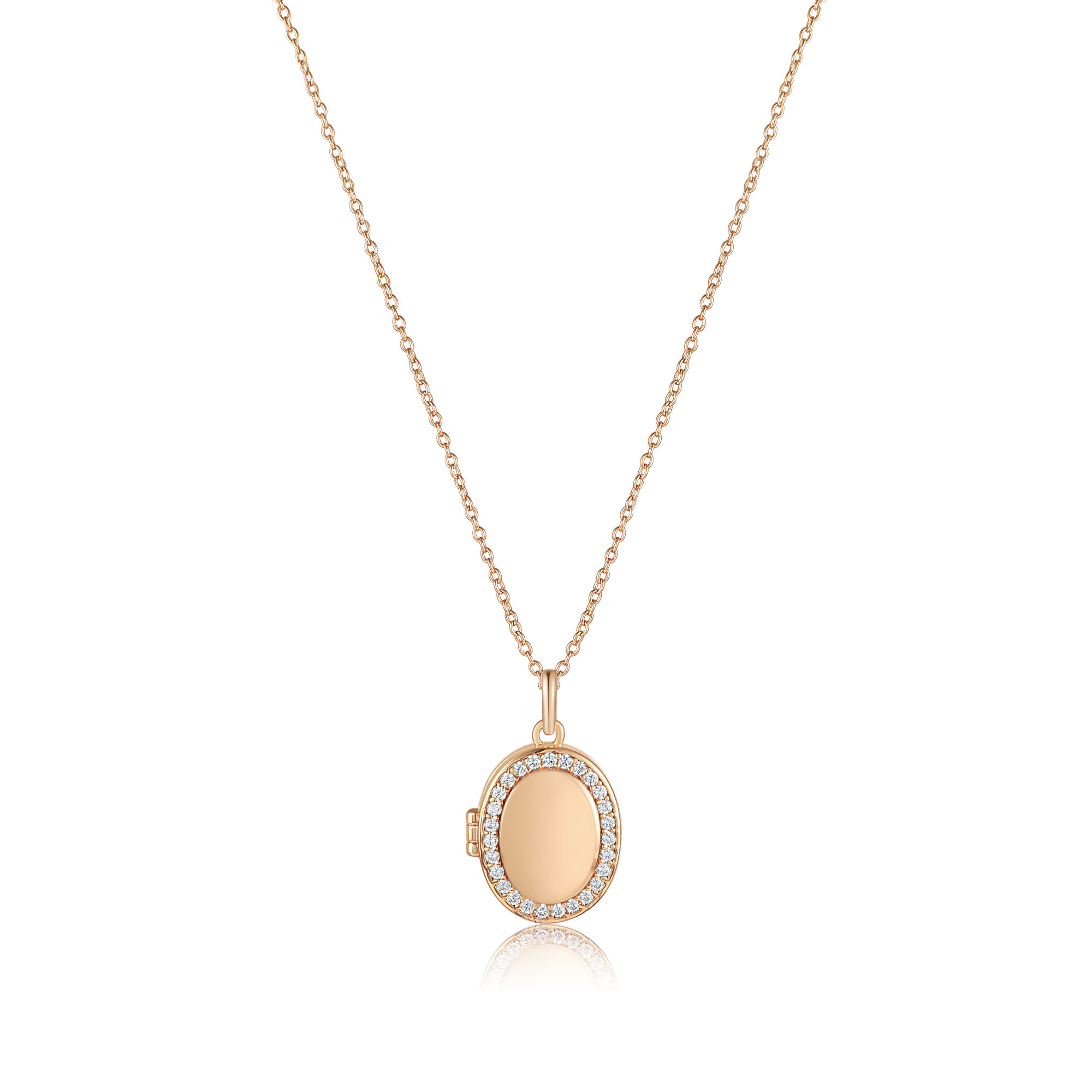 Gold CZ Oval Locket Necklace featuring intricate design and sparkling cubic zirconia accents.