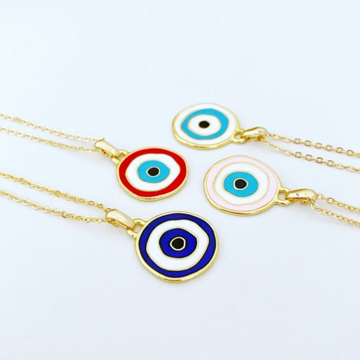 Handmade Gold Evil Eye Necklace with colorful enamel charm options, symbolizing protection and style.