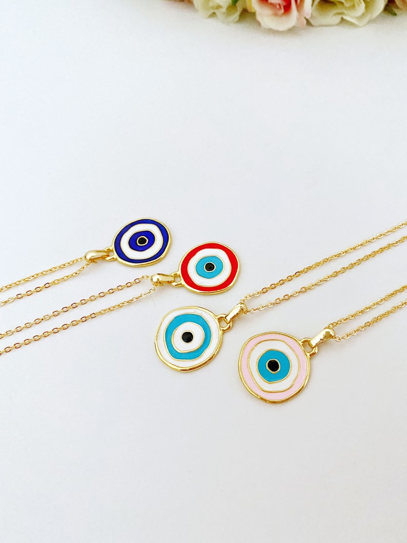 Handmade Gold Evil Eye Necklace with colorful enamel charm options, symbolizing protection and style.