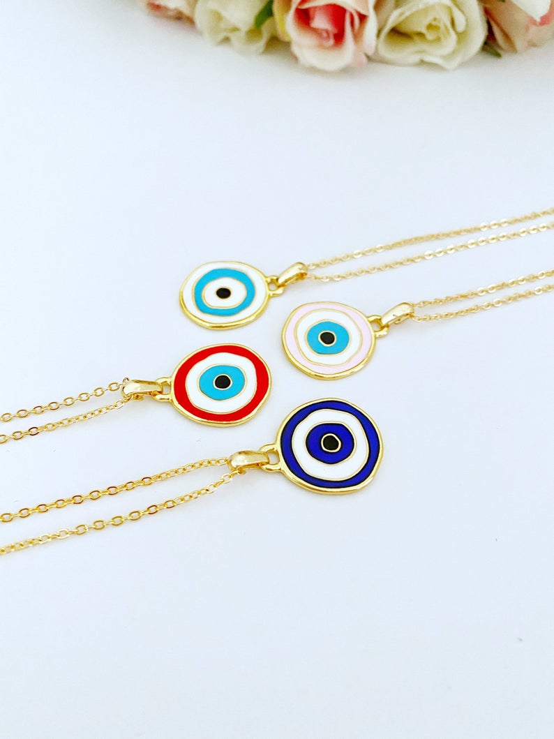 Handmade Gold Evil Eye Necklace with colorful enamel charm options, symbolizing protection and style.