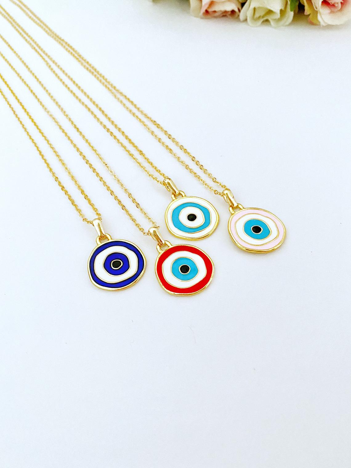 Handmade Gold Evil Eye Necklace with colorful enamel charm options, symbolizing protection and style.