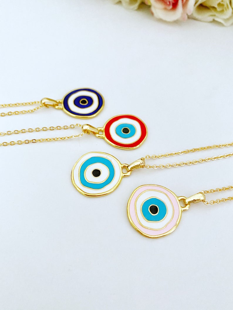 Handmade Gold Evil Eye Necklace with colorful enamel charm options, symbolizing protection and style.