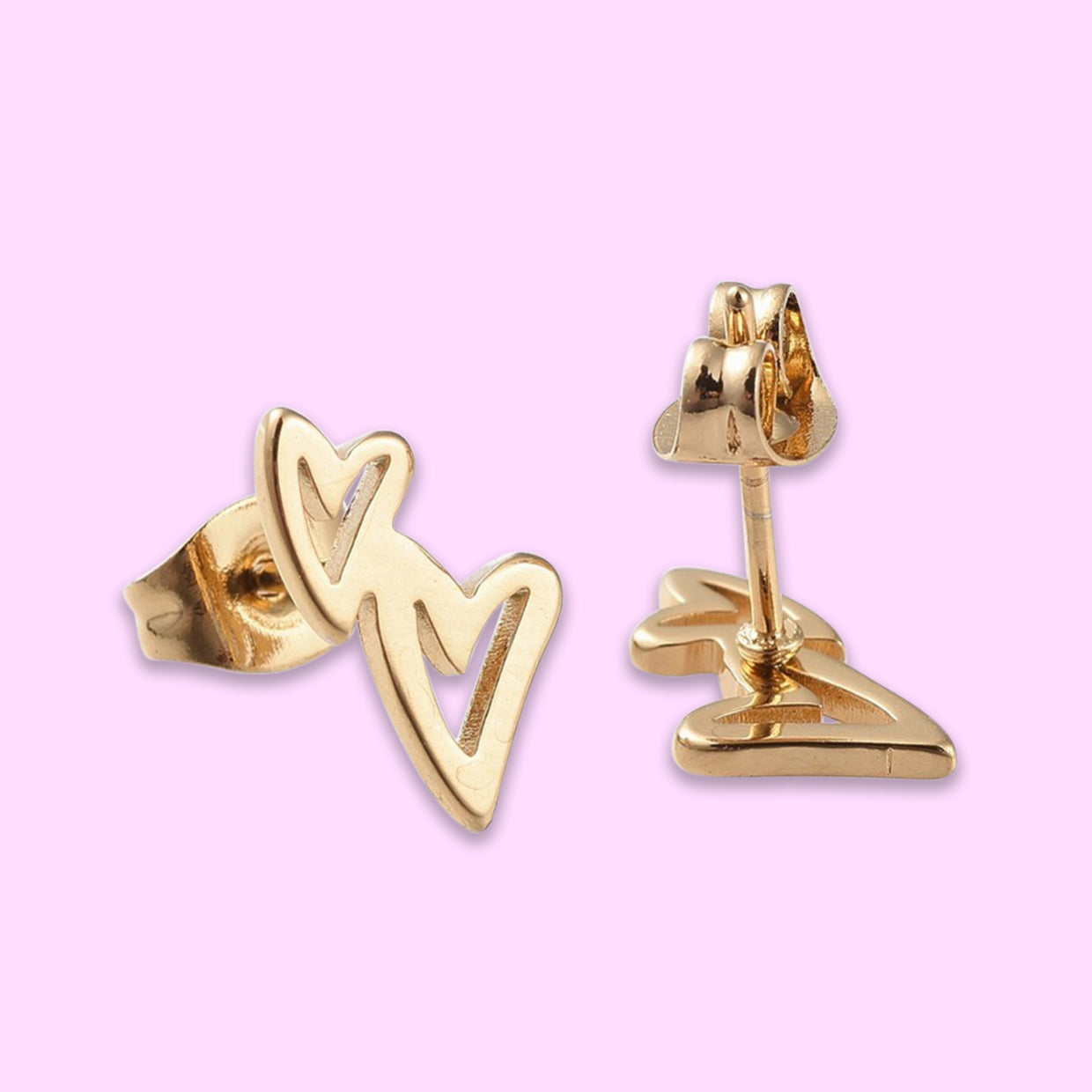 A pair of elegant gold hearts stud earrings, handmade in the UK, showcasing a shiny golden finish on a durable stainless steel base.