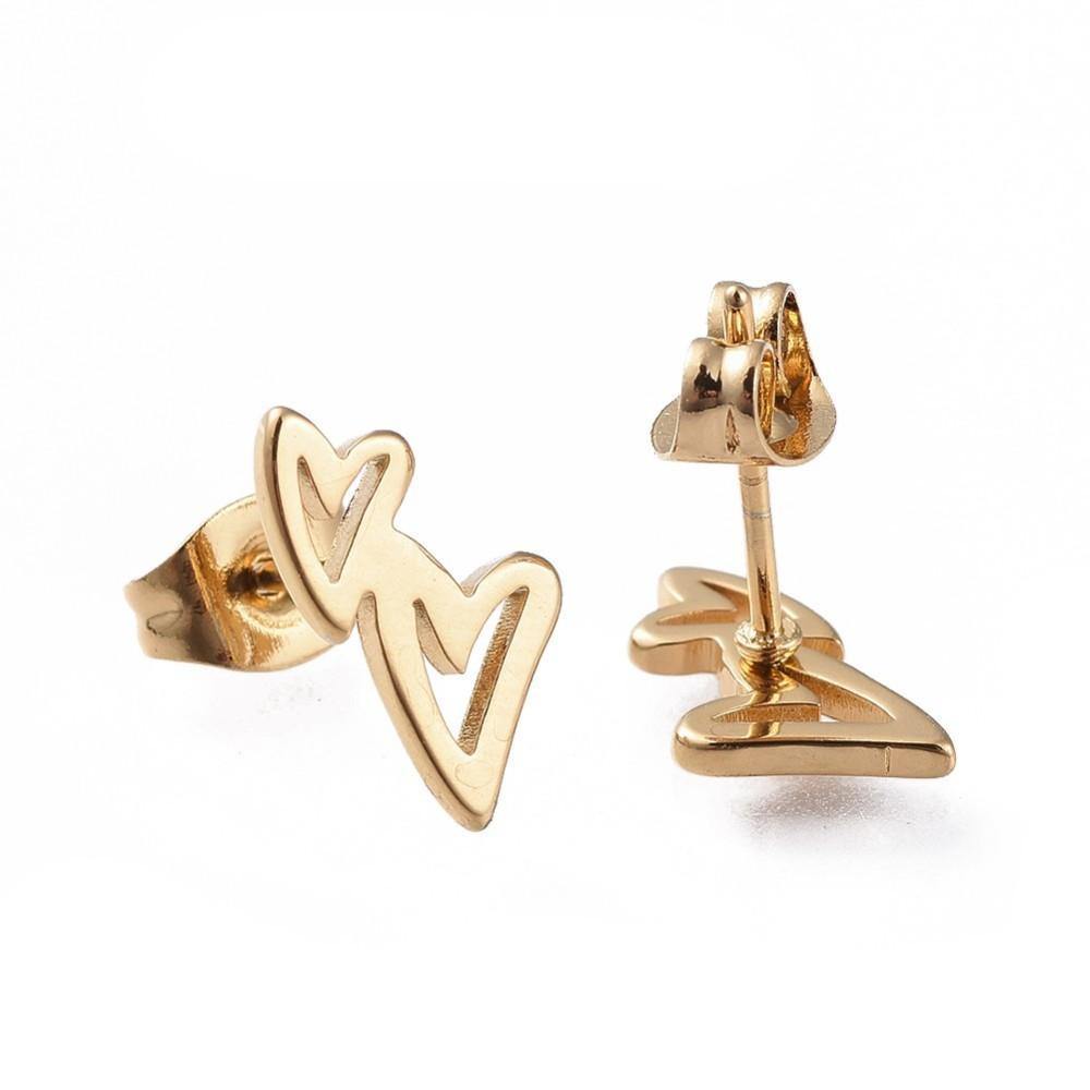 A pair of elegant gold hearts stud earrings, handmade in the UK, showcasing a shiny golden finish on a durable stainless steel base.