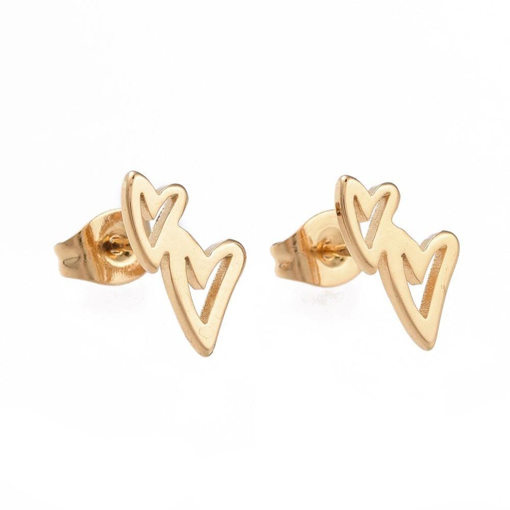 A pair of elegant gold hearts stud earrings, handmade in the UK, showcasing a shiny golden finish on a durable stainless steel base.