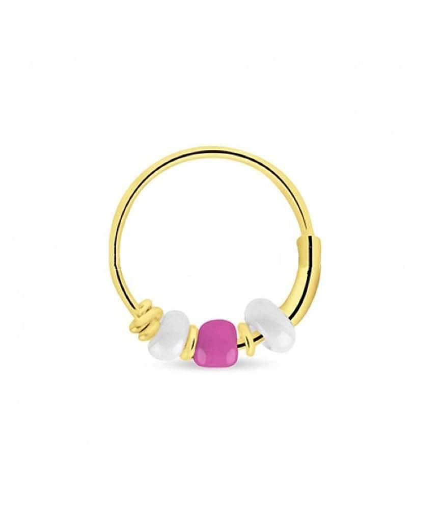 Elegant gold hoop earring adorned with colorful beads, handmade in England, perfect for sensitive skin.