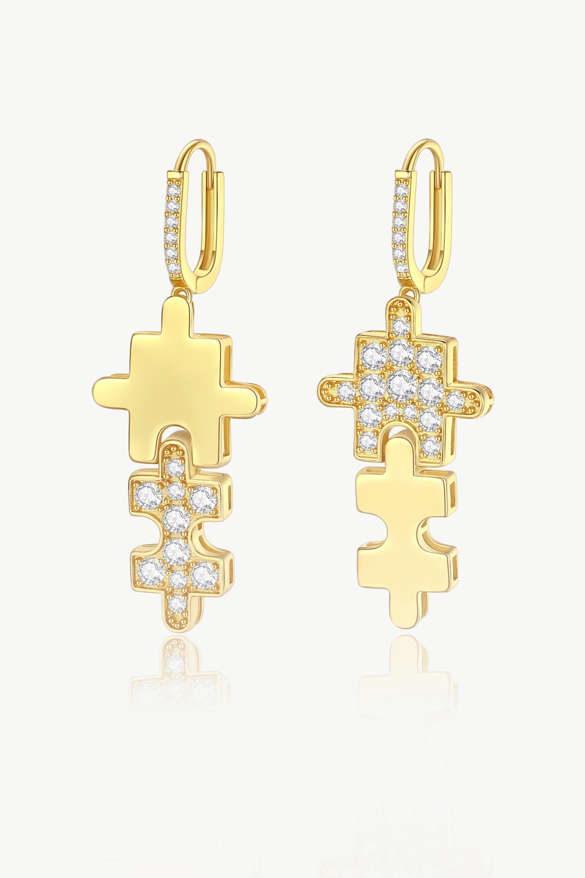 Gold Jigsaw Puzzle Drop Earrings featuring sparkling cubic zirconia stones and huggie hoop design, handcrafted with 18k gold plating.