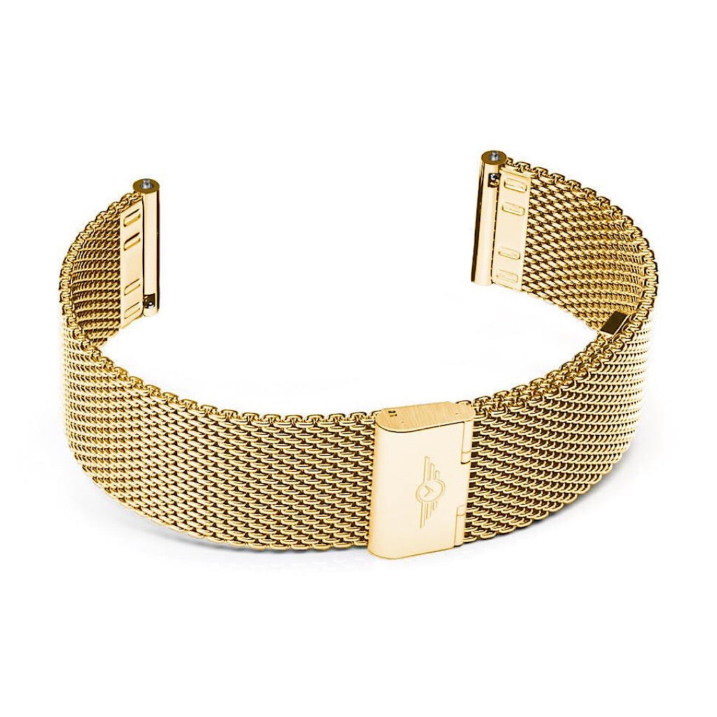 Gold Mesh Strap made from 316L stainless steel, featuring a flexible design and quick-release spring bar.