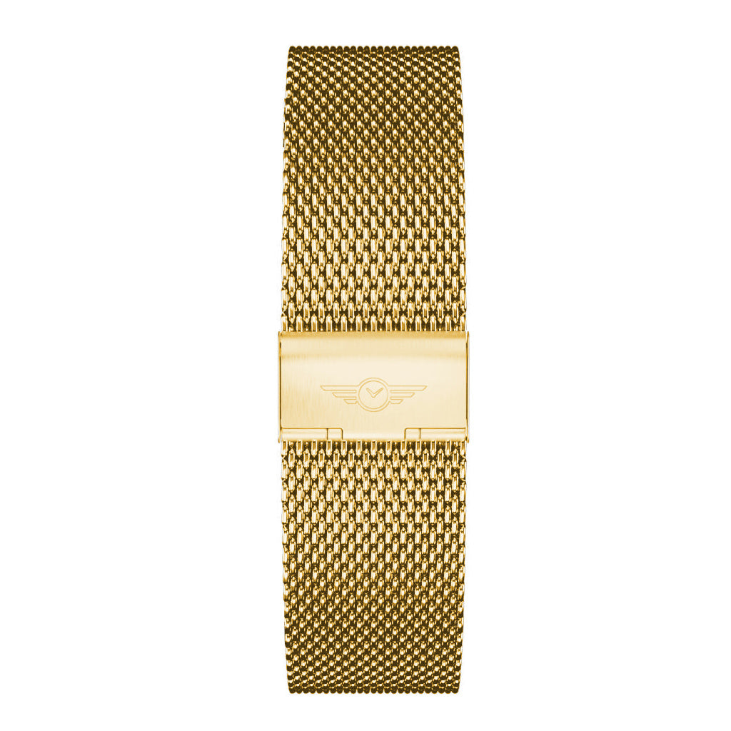 Gold Mesh Strap made from 316L stainless steel, featuring a flexible design and quick-release spring bar.