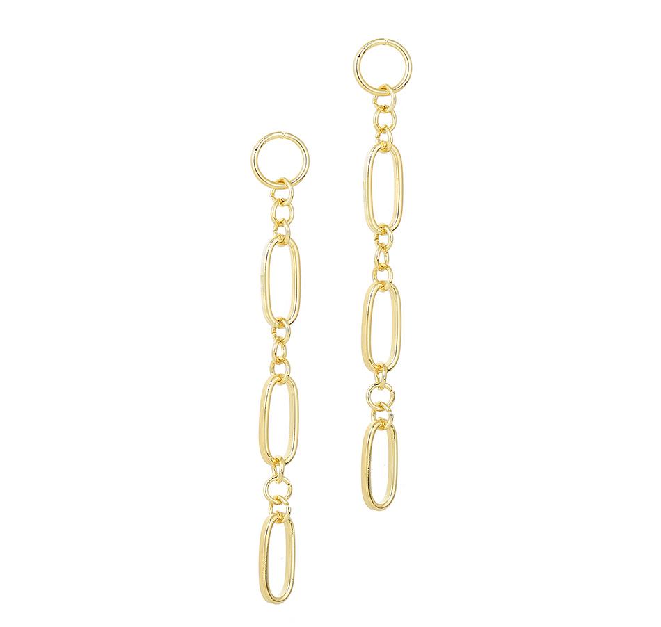 Elegant gold oval link dangle earrings for women, showcasing a beautiful gold-plated finish and secure bullet backs.