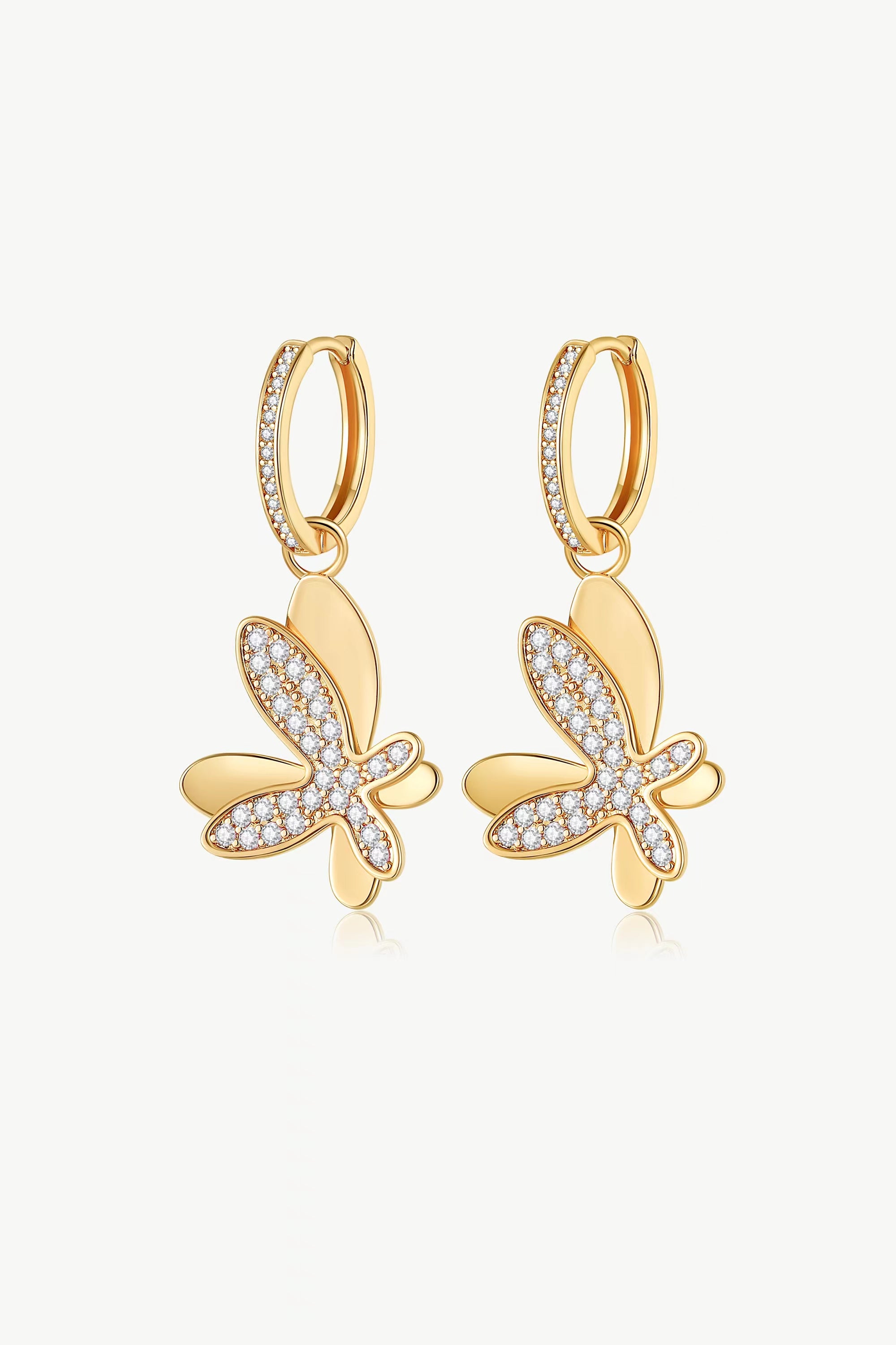 Gold Pavé Diamond Butterfly Dangle Drop Hoop Earrings featuring intricate butterfly design with sparkling cubic zircon stones.