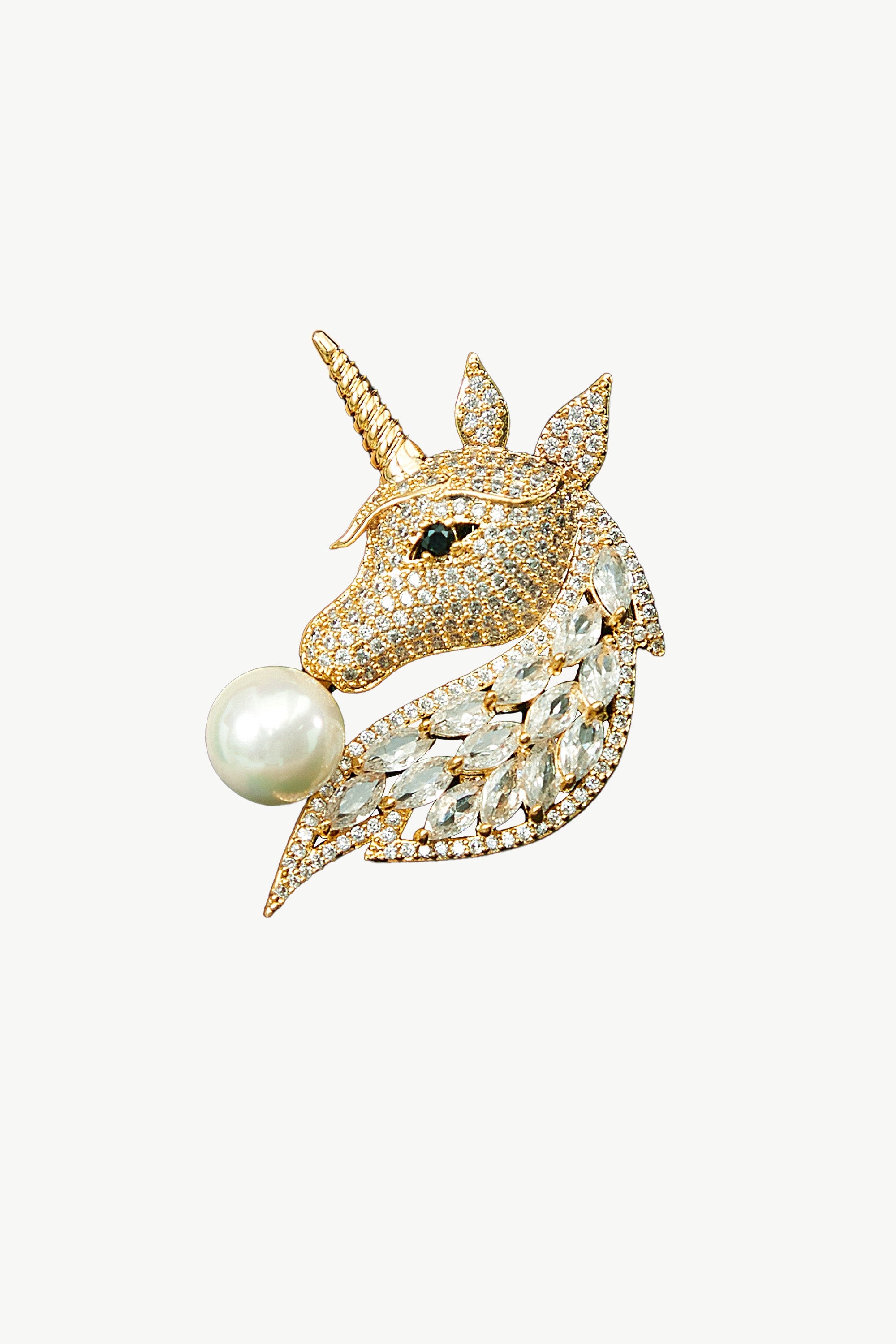 Gold Pavé Unicorn Brooch and Necklace Set featuring Swarovski crystals and a pearl, showcasing a mythical unicorn design.