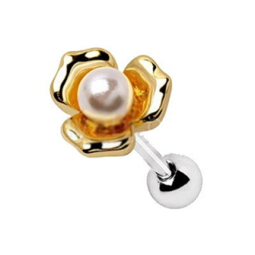 Gold plated cartilage earring featuring a flower design with a white synthetic pearl in the center, made from stainless steel.