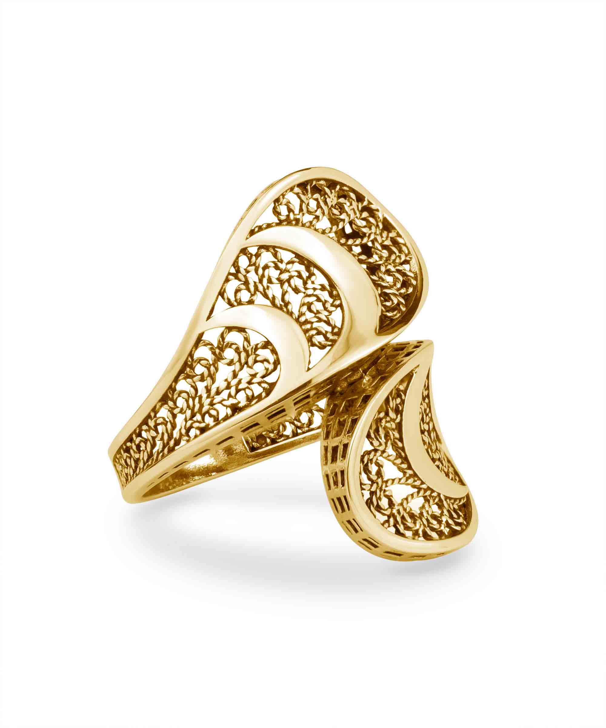 Gold plated sterling silver filigree art twisted bypass cocktail ring, showcasing intricate design and luxurious finish.