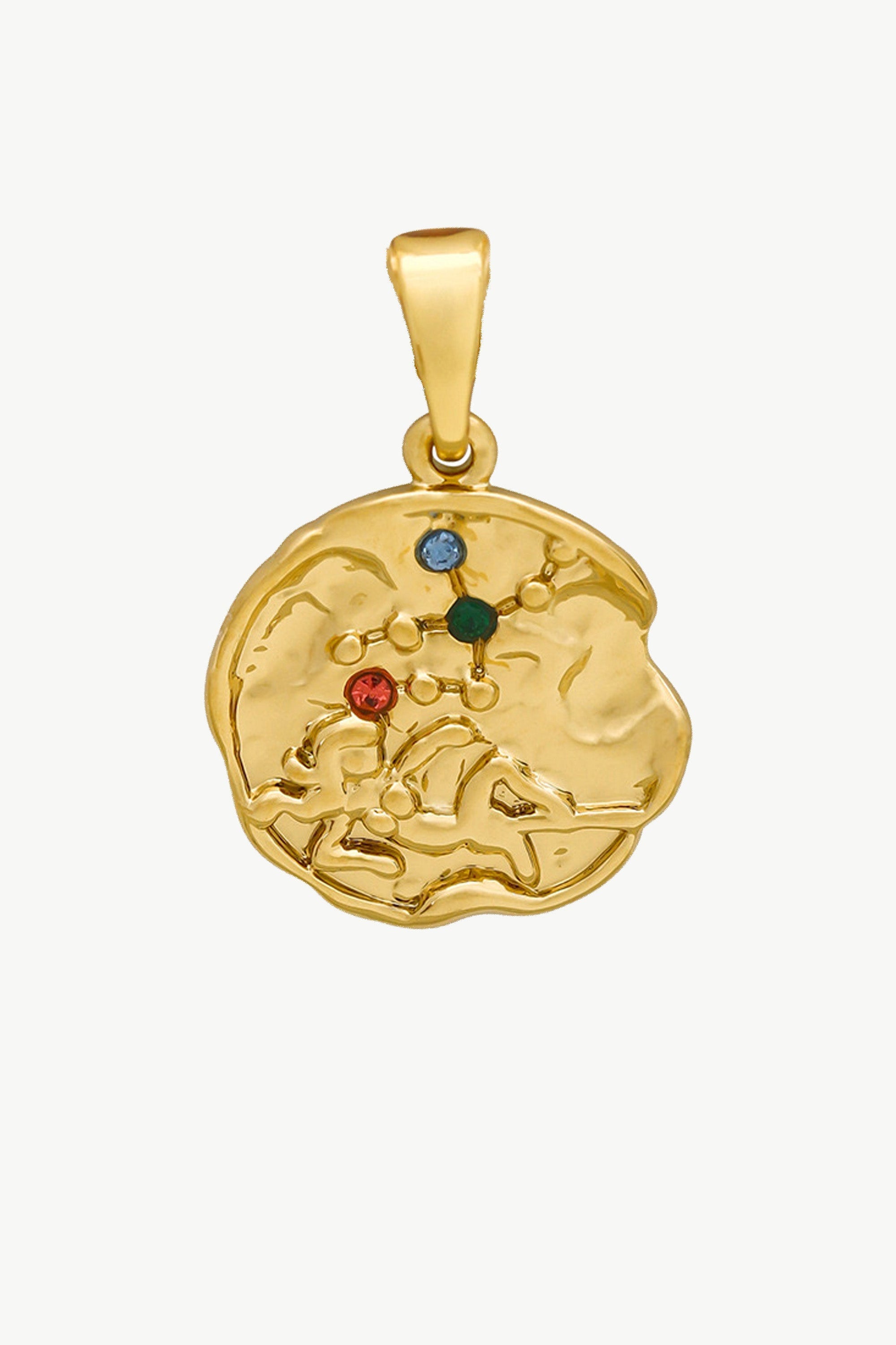 Gold Sculptural Zodiac Sign Pendant Necklace Set featuring an engraved zodiac charm, pearl necklace, and gold figaro chain.