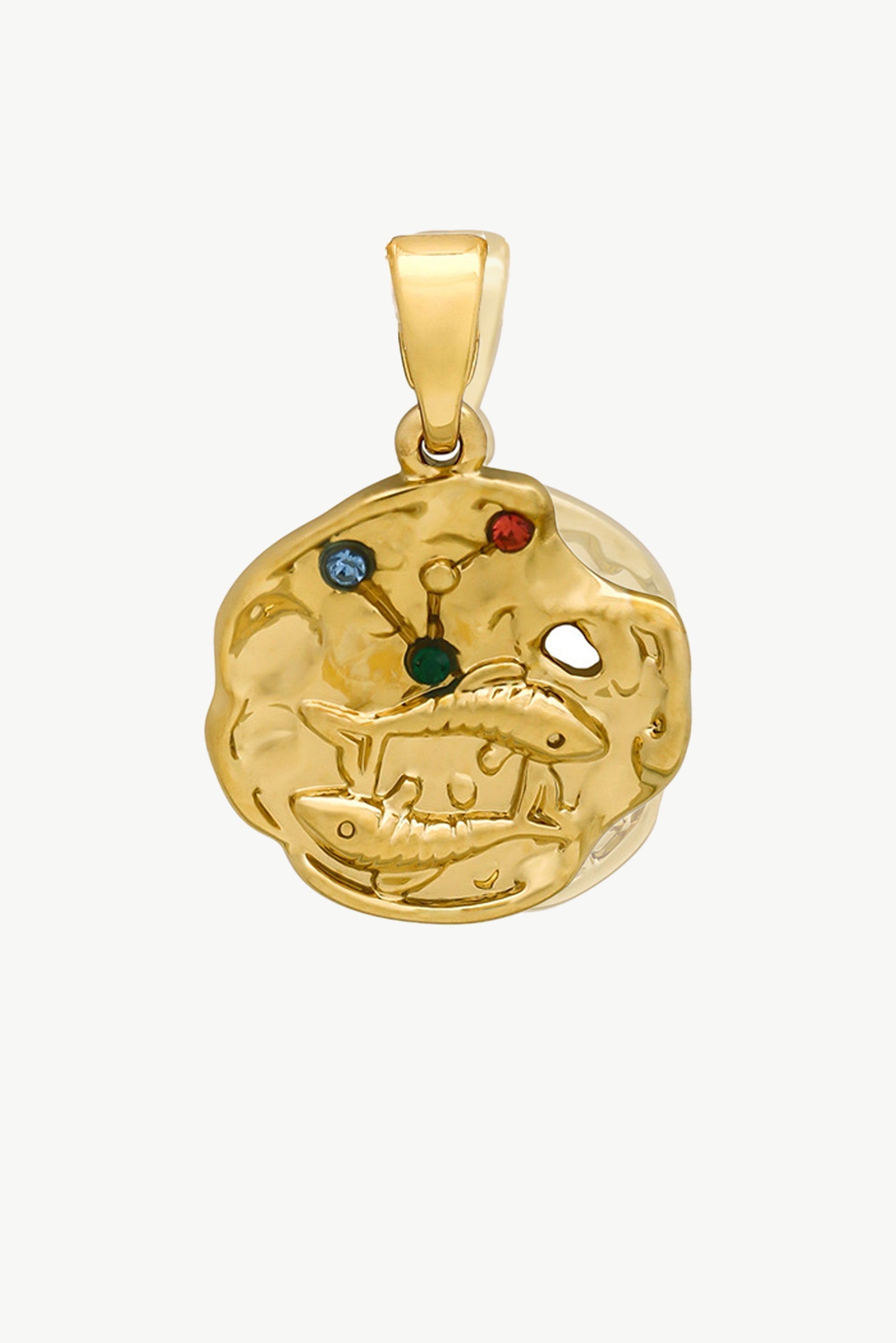 Gold Sculptural Zodiac Sign Pendant Necklace Set featuring an engraved zodiac charm, pearl necklace, and gold figaro chain.