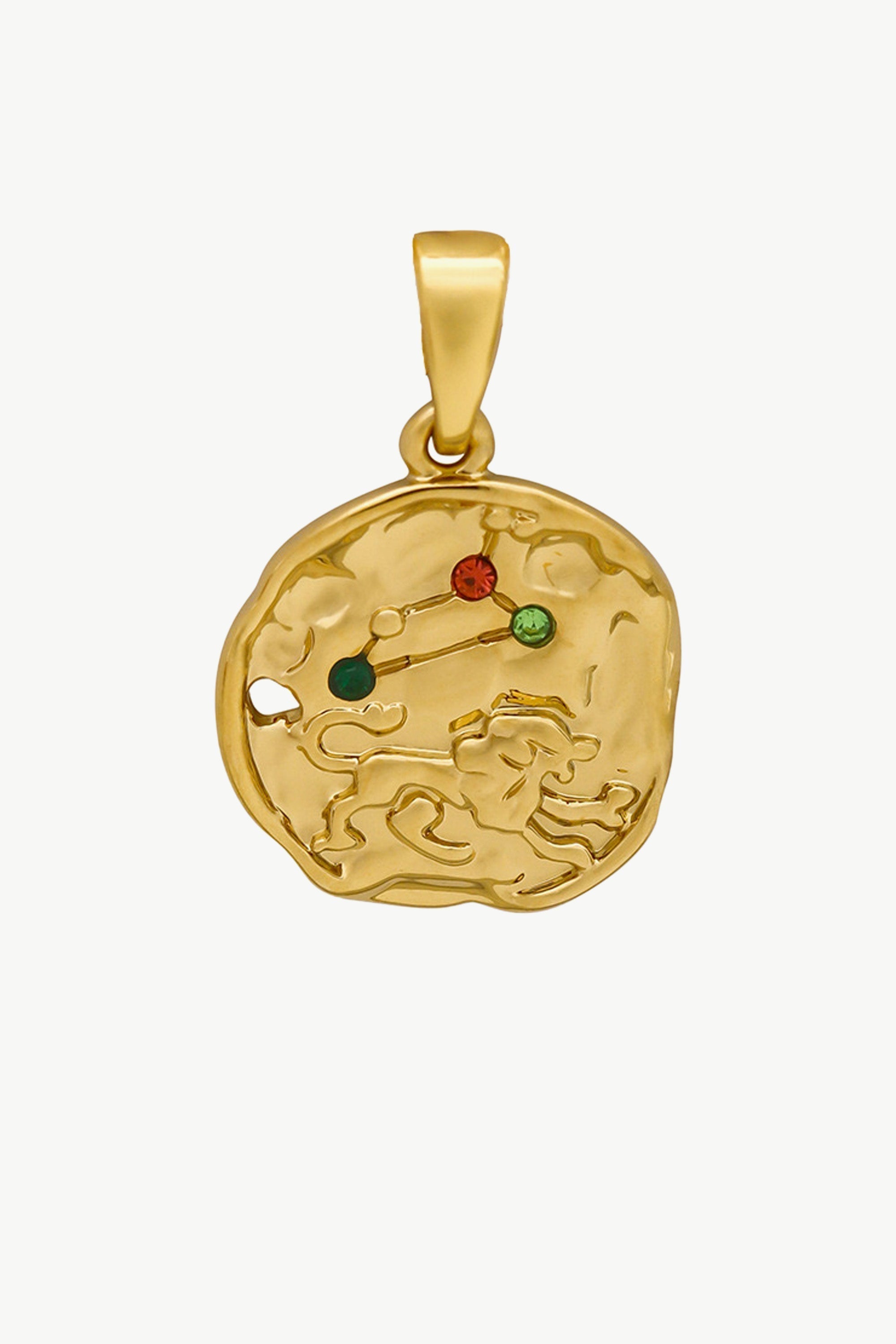 Gold Sculptural Zodiac Sign Pendant Necklace Set featuring an engraved zodiac charm, pearl necklace, and gold figaro chain.