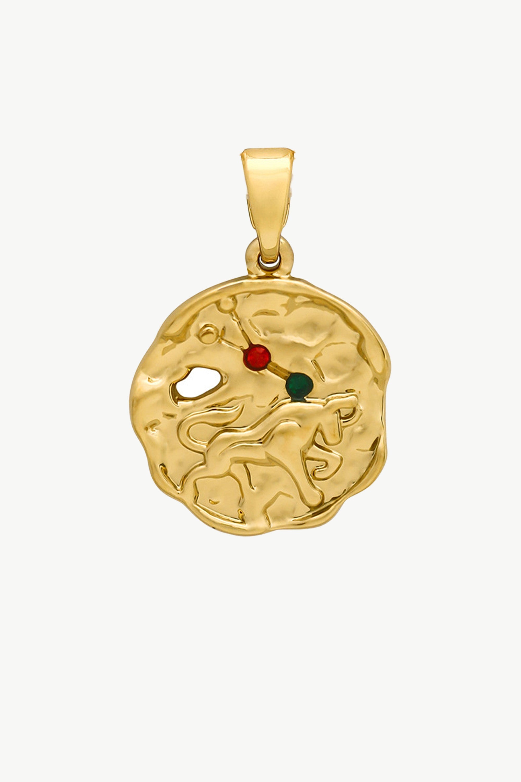 Gold Sculptural Zodiac Sign Pendant Necklace Set featuring an engraved zodiac charm, pearl necklace, and gold figaro chain.