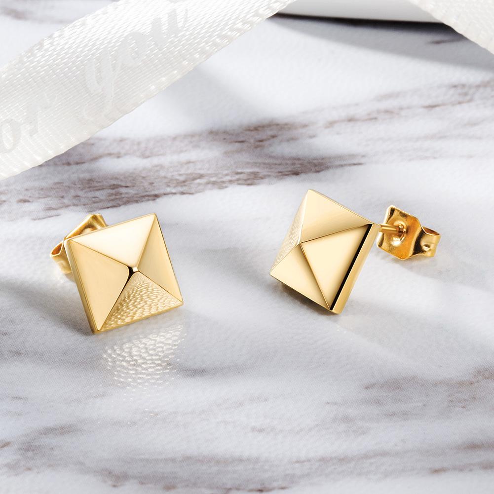 Elegant gold square studs made from hypoallergenic stainless steel with a shiny finish.