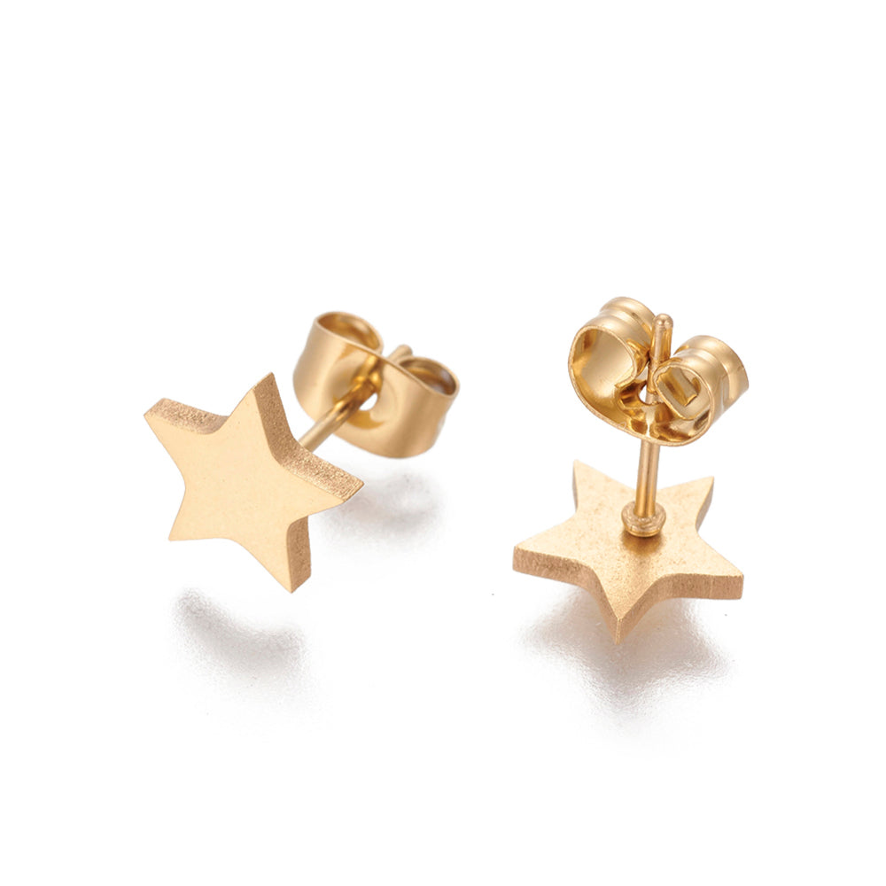 Gold Star Stud Earrings, handmade in the UK, featuring a golden coating on a stainless steel base, presented on a gift card.