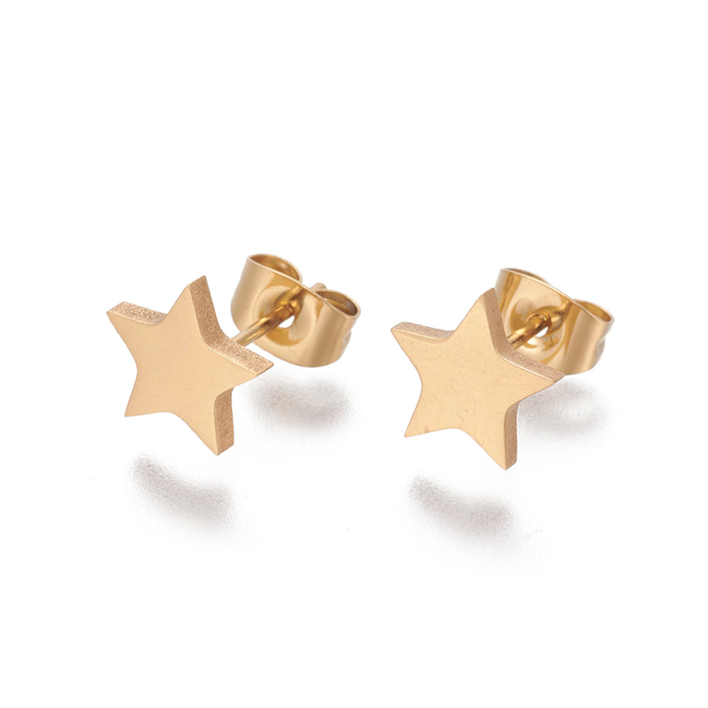 Gold Star Stud Earrings, handmade in the UK, featuring a golden coating on a stainless steel base, presented on a gift card.