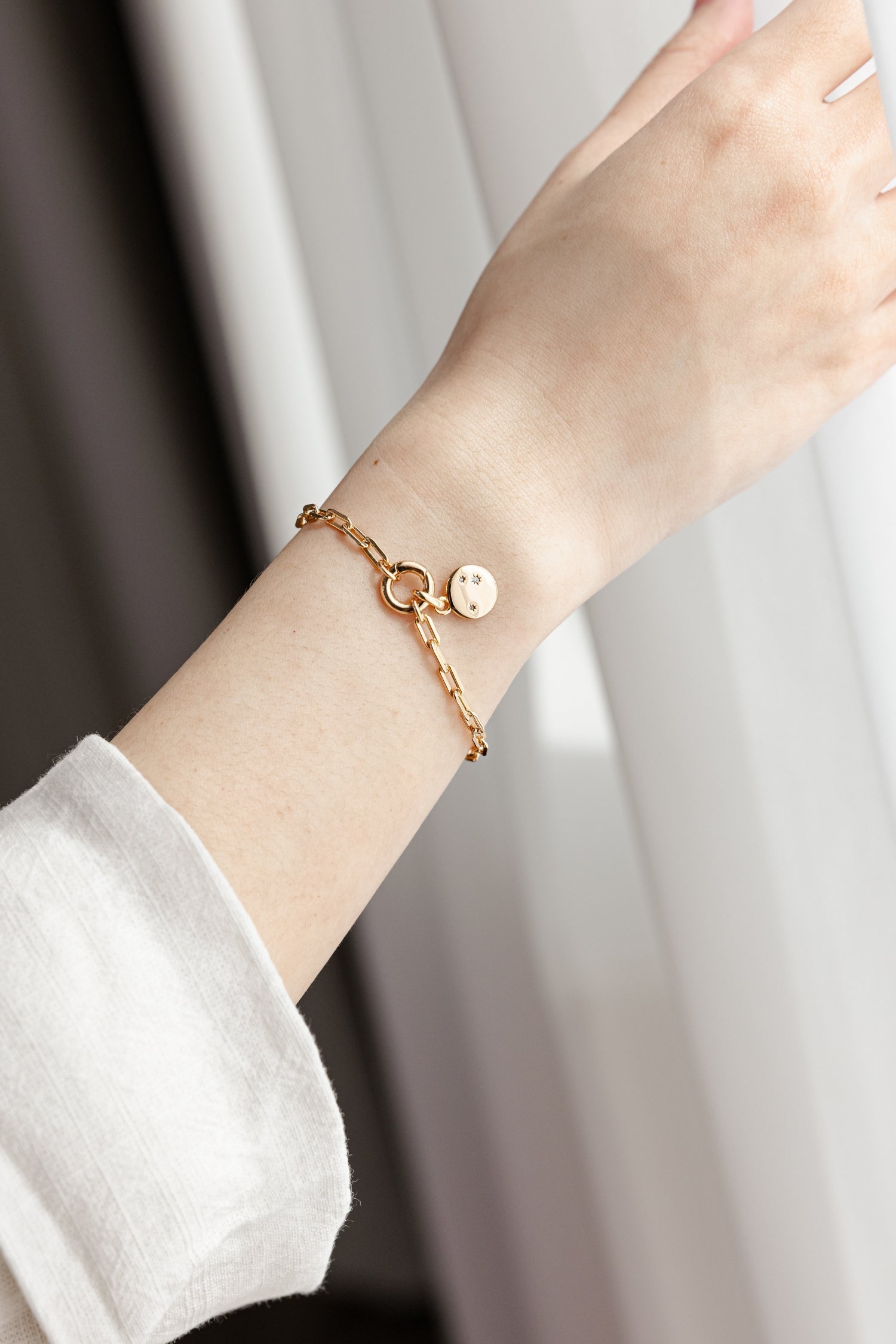 A luxurious Gold Stardust Bracelet featuring a charm carrier and a sparkling Round Stardust Charm, elegantly displayed on a soft surface.