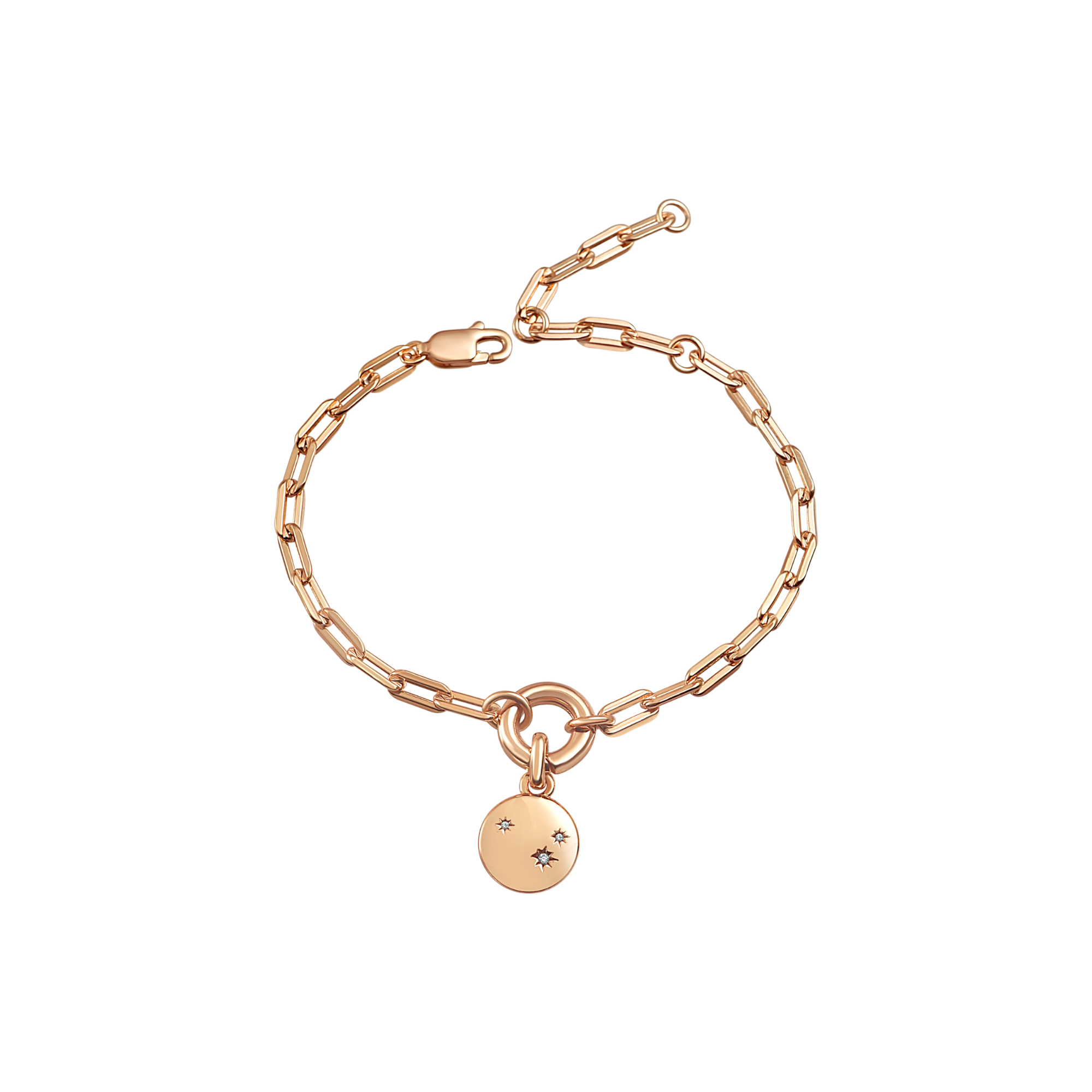 A luxurious Gold Stardust Bracelet featuring a charm carrier and a sparkling Round Stardust Charm, elegantly displayed on a soft surface.