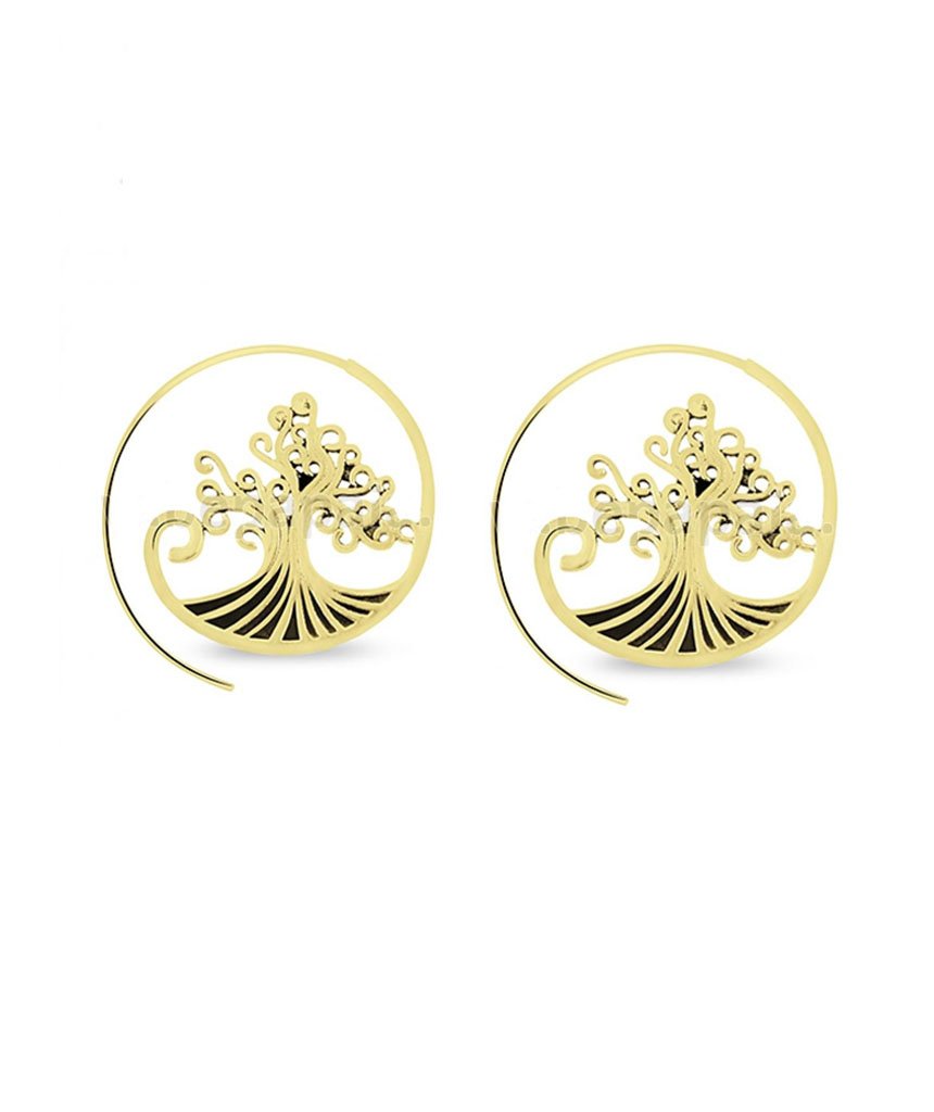 A pair of elegant Gold Tree Earrings featuring a tree of life design with swivel hoops, perfect for festivals and everyday wear.