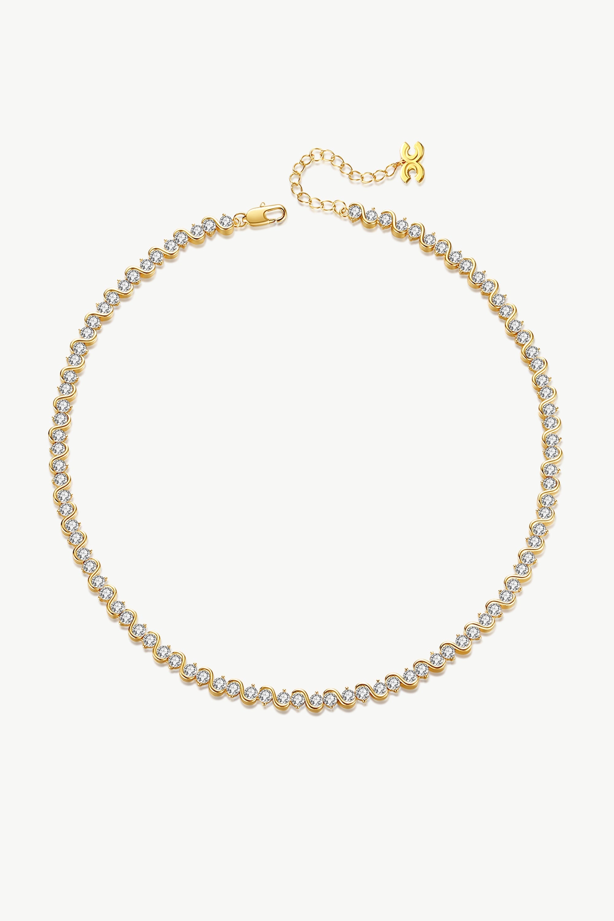 Elegant Gold Wave Zirconia Tennis Choker Necklace with sparkling cubic zirconia stones set in 18K gold plated brass.