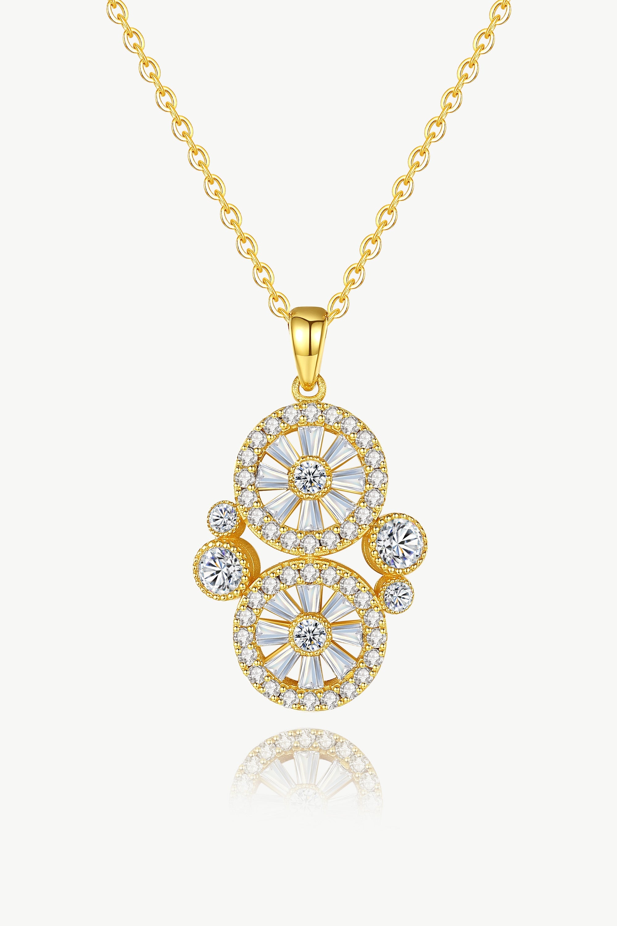 Gold Wheel of Fortune Necklace featuring a unique wheel design with sparkling pavé-set cubic zirconia on an adjustable chain.