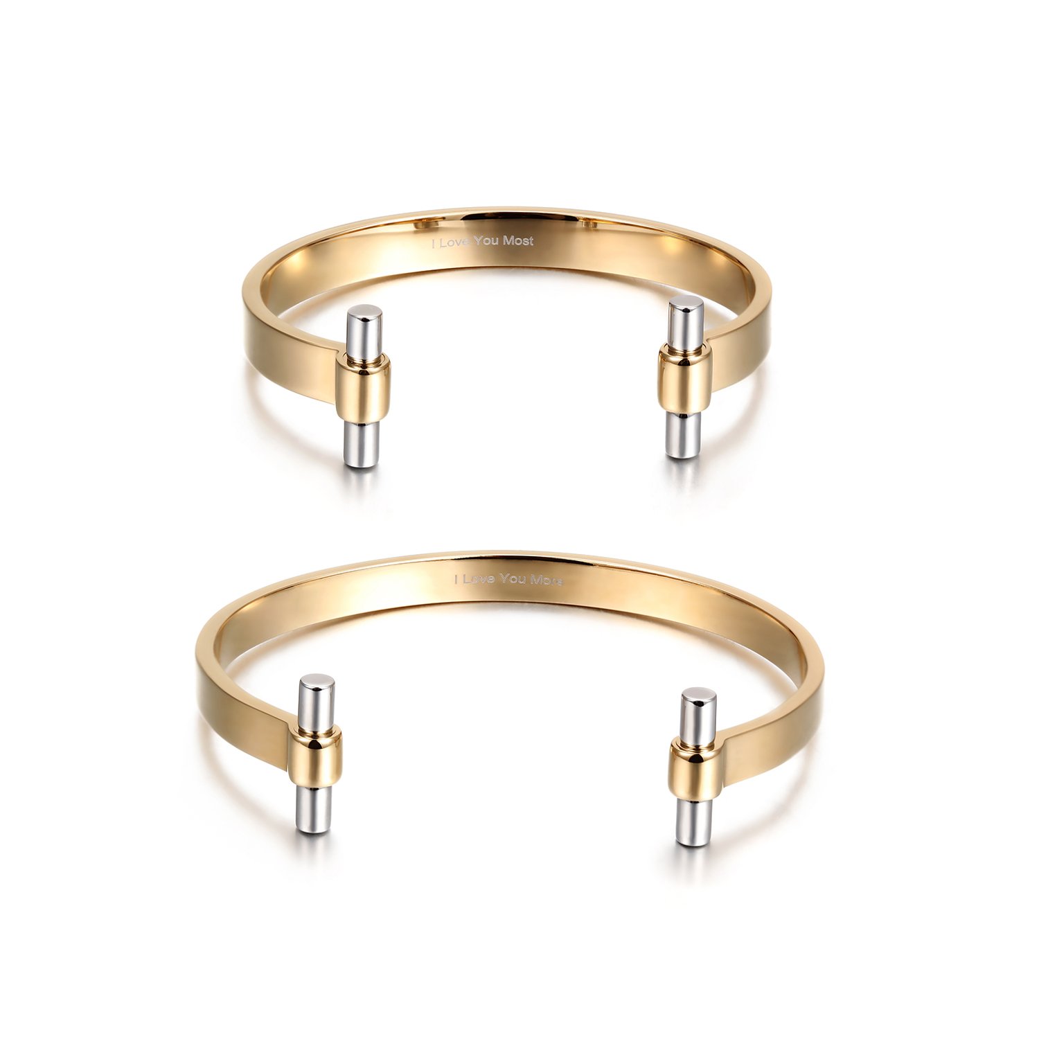 Golden Love Couple Cuff made of surgical stainless steel with 14K gold plating, showcasing a sleek and elegant design.