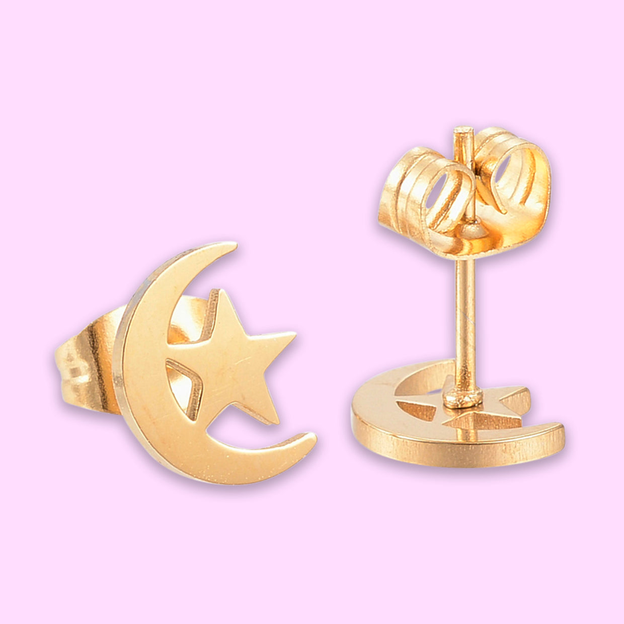 Golden Moon & Stars Stud Earrings, handmade in the UK, featuring a unique celestial design.