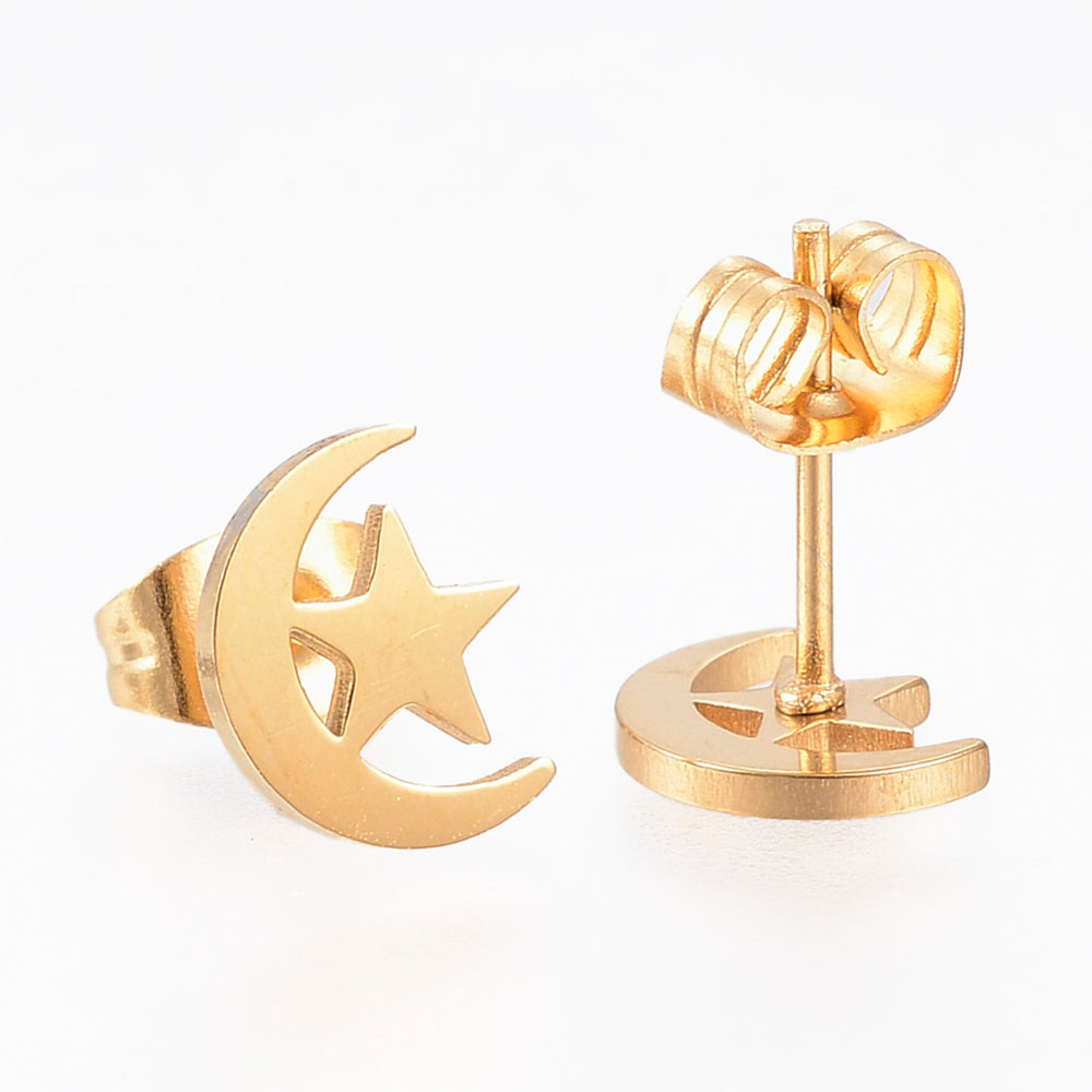 Golden Moon & Stars Stud Earrings, handmade in the UK, featuring a unique celestial design.