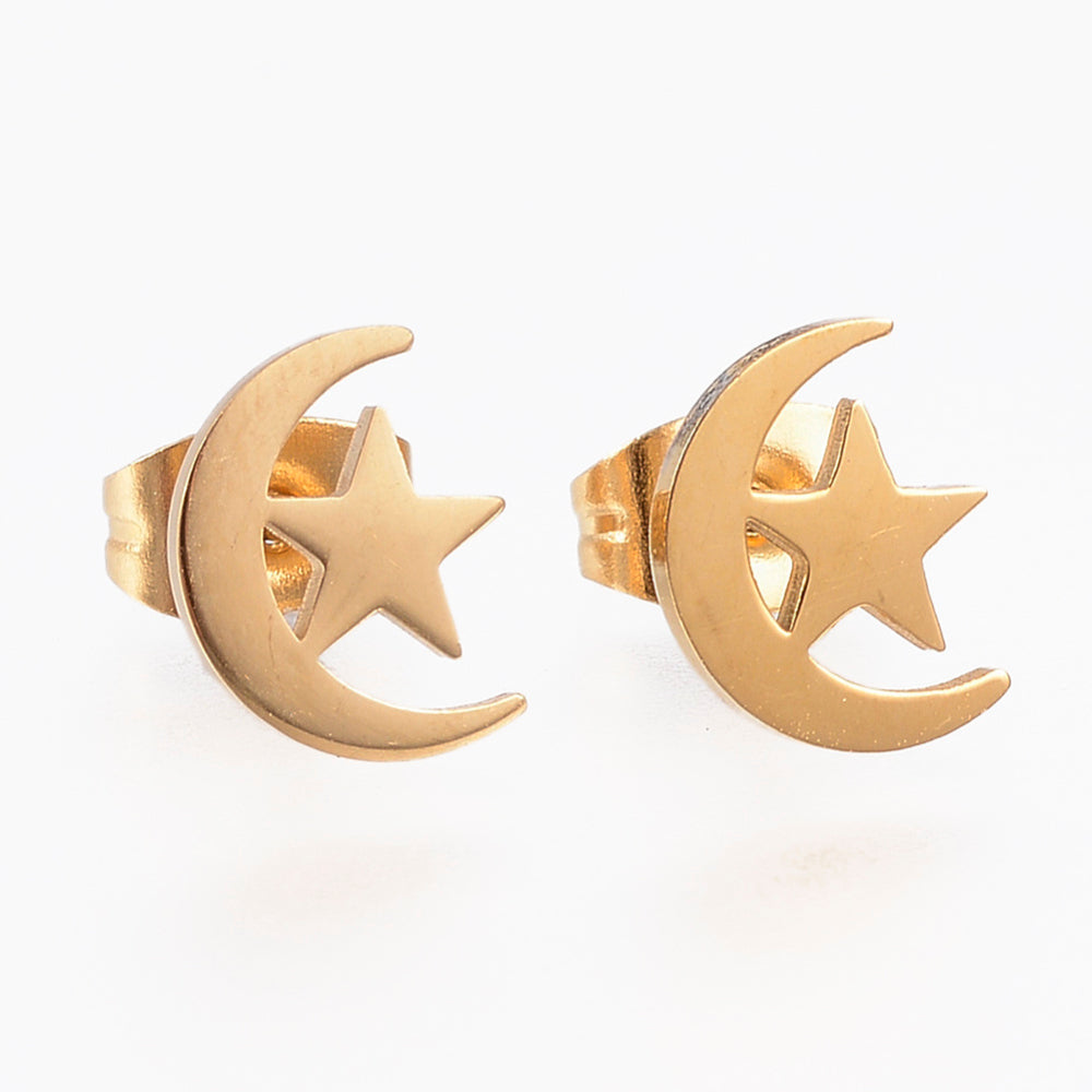 Golden Moon & Stars Stud Earrings, handmade in the UK, featuring a unique celestial design.