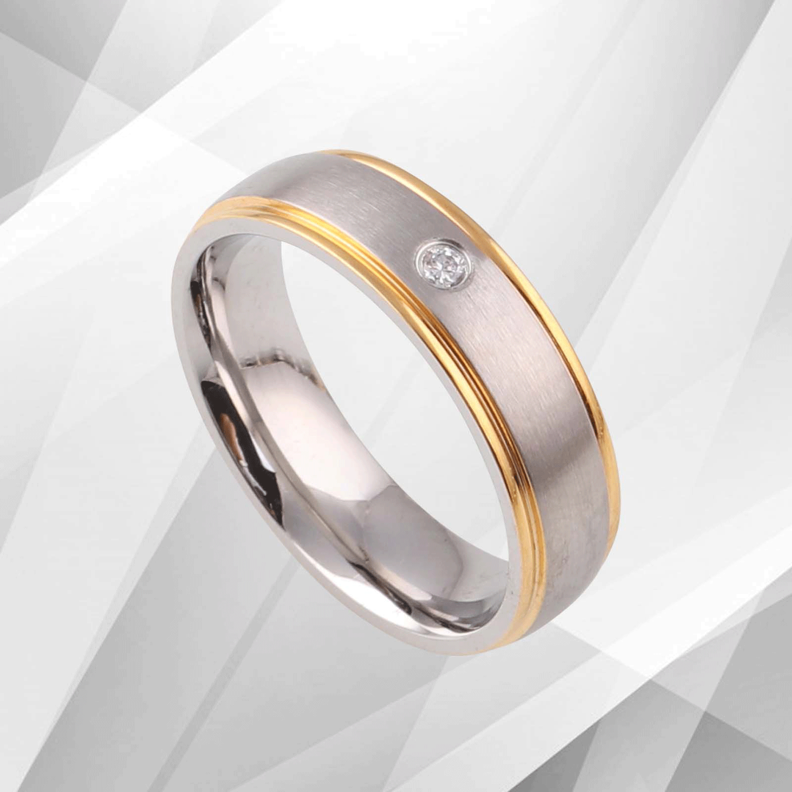 Gorgeous 18Ct Yellow and White Gold Over Titanium ring featuring a 0.35Ct CZ diamond, showcasing a D-shape design and luxurious finish.