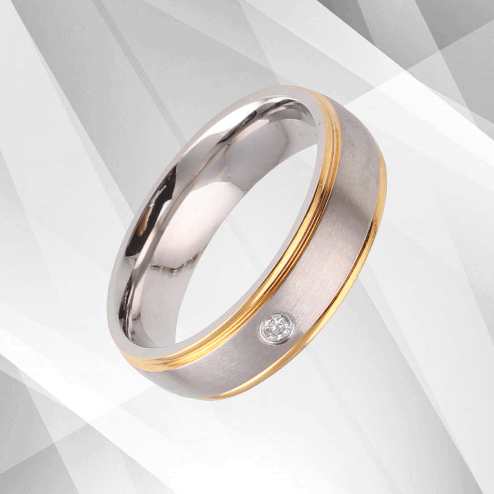 Gorgeous 18Ct Yellow and White Gold Over Titanium ring featuring a 0.35Ct CZ diamond, showcasing a D-shape design and luxurious finish.