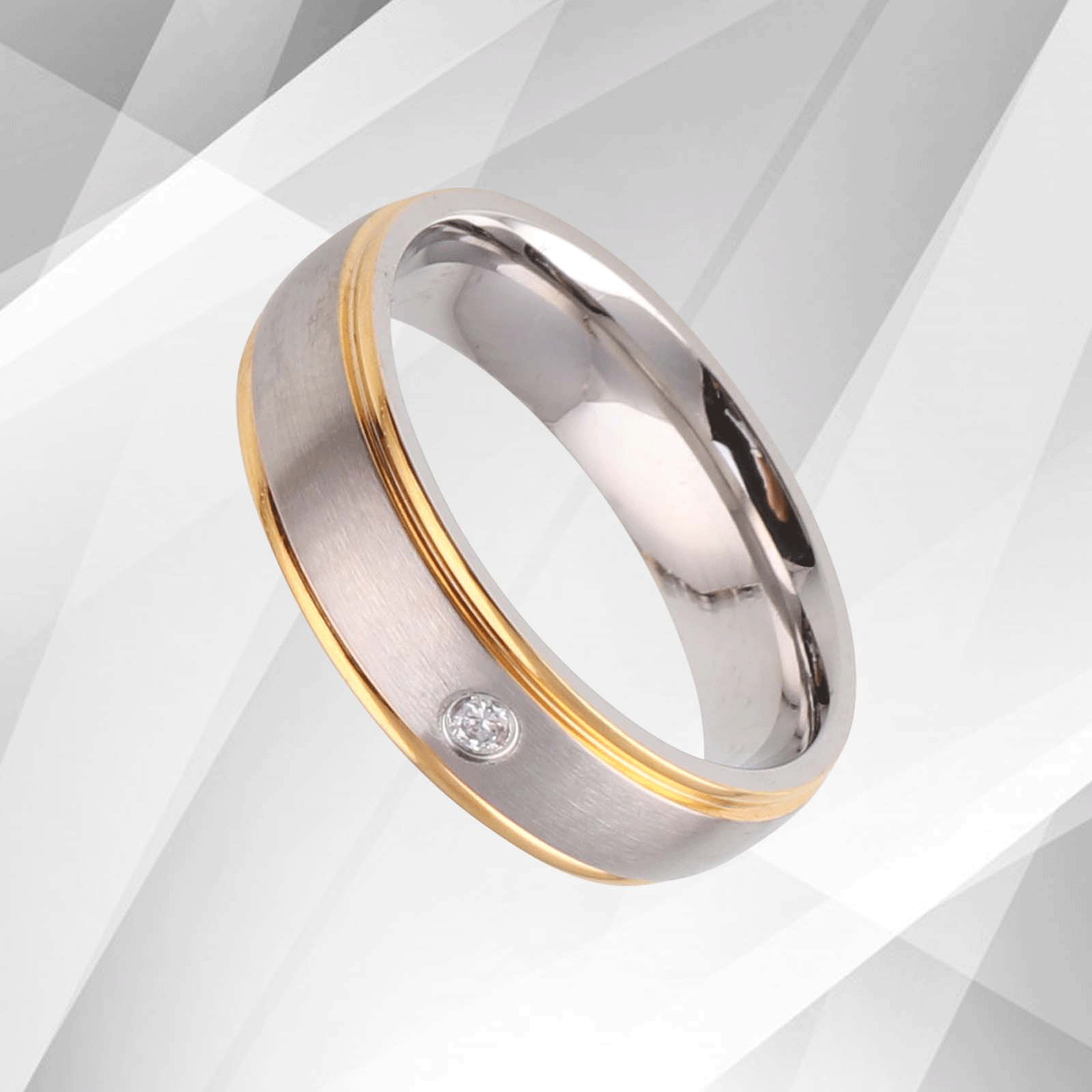 Gorgeous 18Ct Yellow and White Gold Over Titanium ring featuring a 0.35Ct CZ diamond, showcasing a D-shape design and luxurious finish.