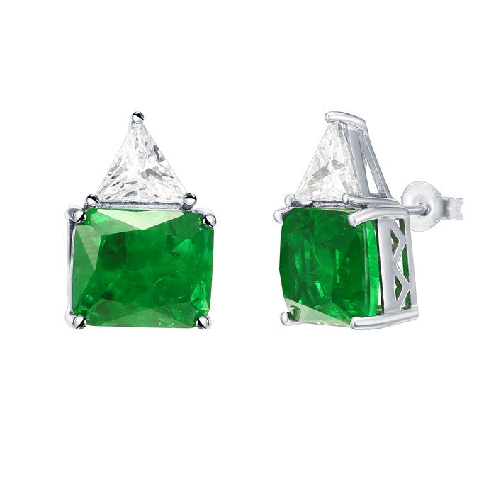 Gorgeous green emerald cutting earrings in .925 sterling silver, showcasing a rich forest green simulated emerald with brilliant sparkle.