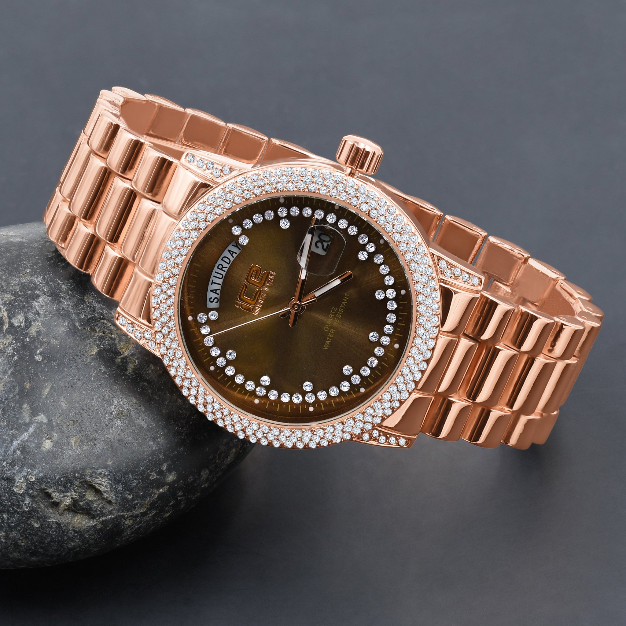 Grandeur Bling Metal Watch featuring a polished chain and CZ stone dial, showcasing luxury and elegance.