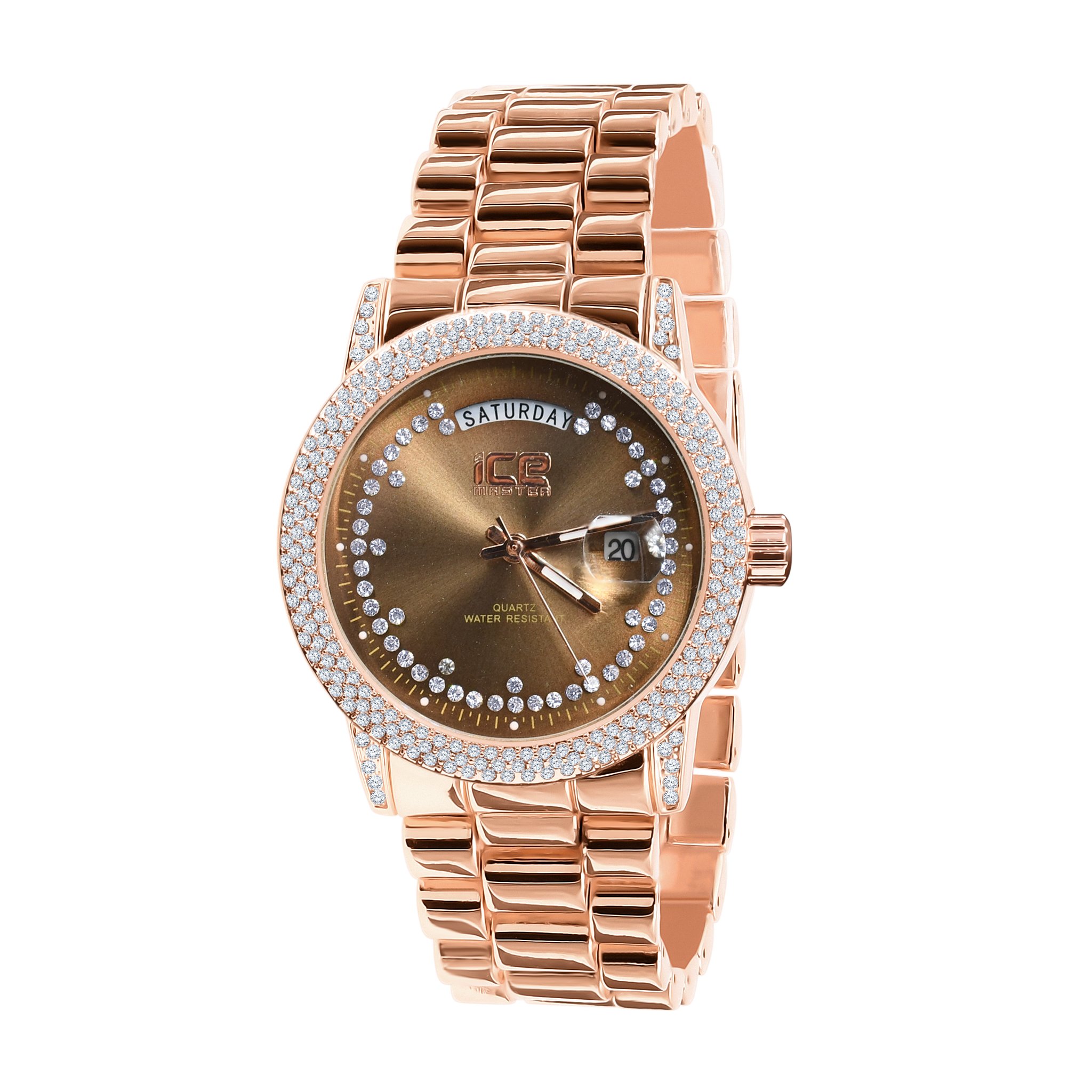 Grandeur Bling Metal Watch featuring a polished chain and CZ stone dial, showcasing luxury and elegance.