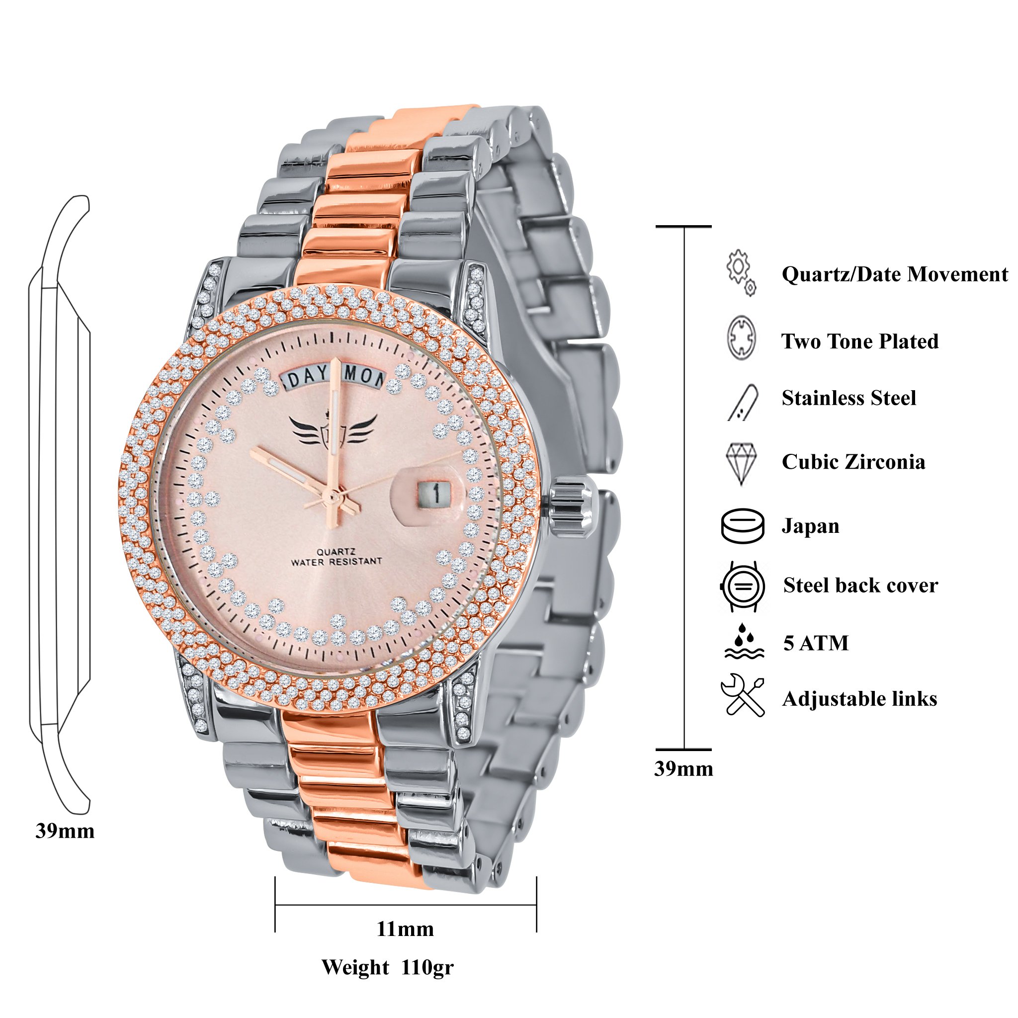 GRANDEUR BLING METAL WATCH featuring a polished chain and CZ stone dial, showcasing elegance and luxury.