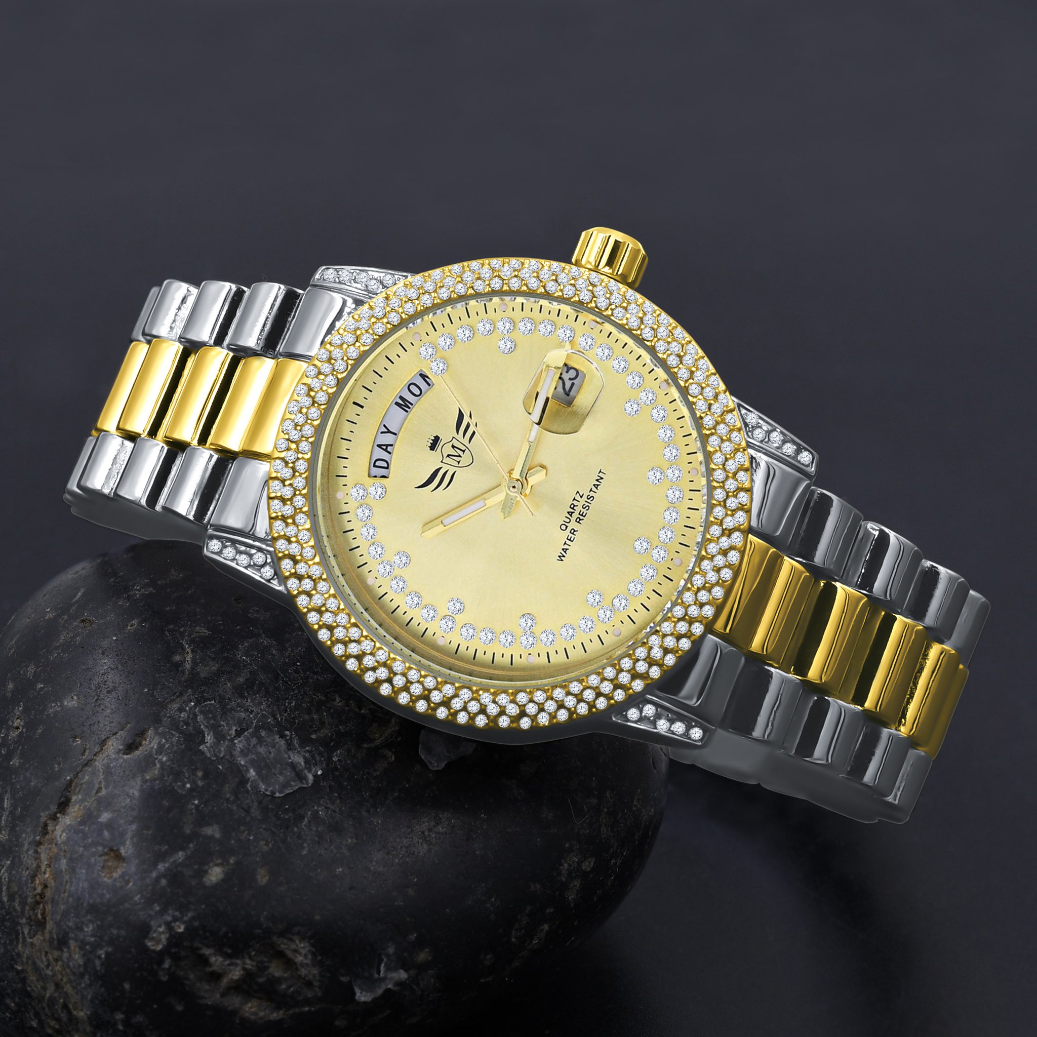 GRANDEUR BLING METAL WATCH featuring a polished chain and CZ stone dial, showcasing elegance and luxury.