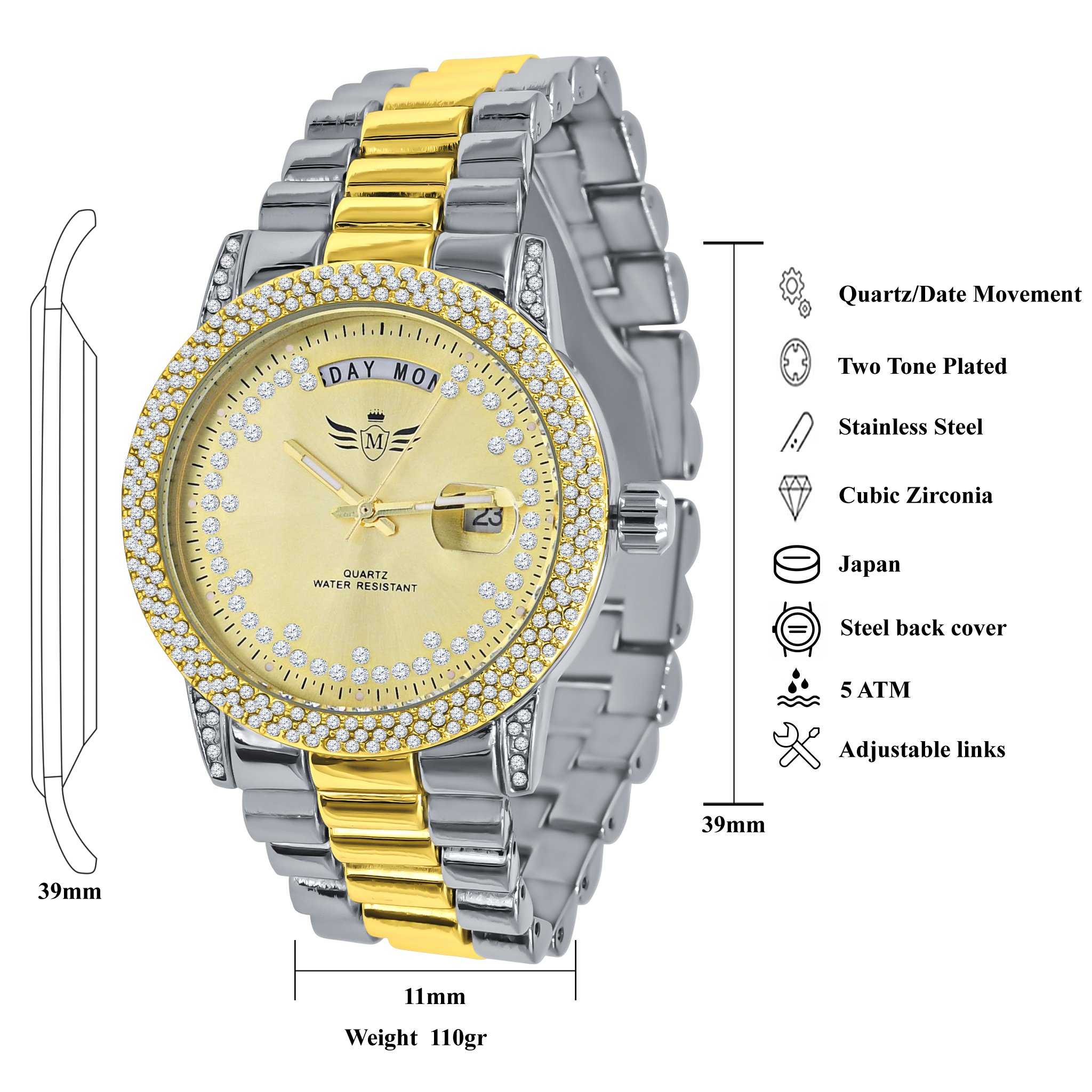 GRANDEUR BLING METAL WATCH featuring a polished chain and CZ stone dial, showcasing elegance and luxury.