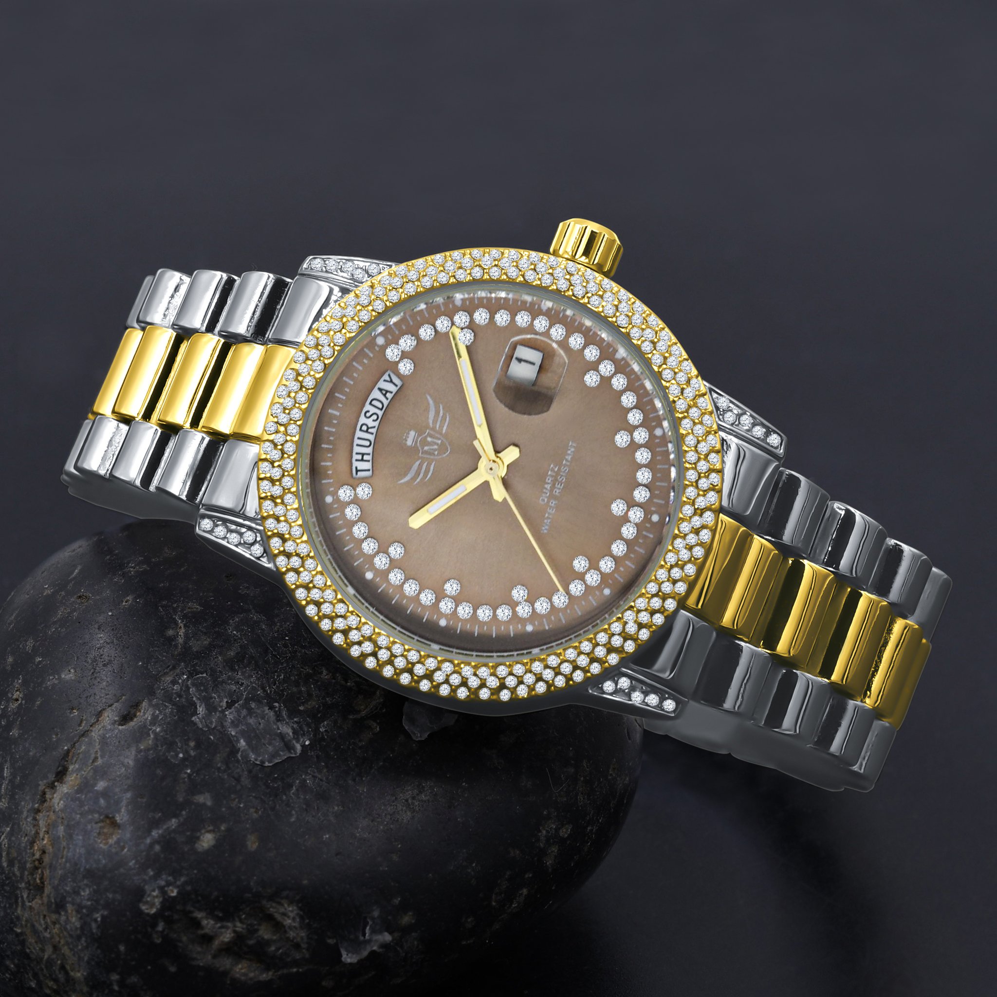 GRANDEUR BLING METAL WATCH featuring a polished chain and sparkling CZ stones on the dial, showcasing luxury and elegance.