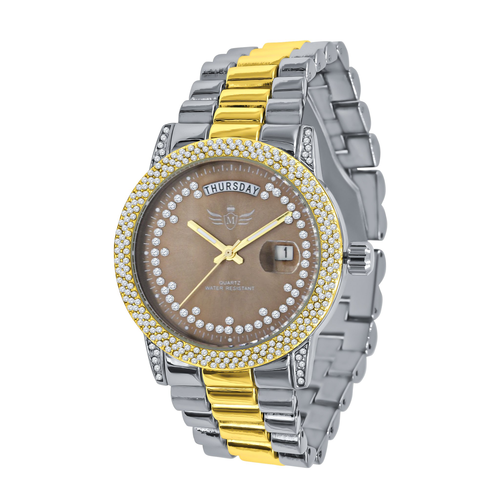 GRANDEUR BLING METAL WATCH featuring a polished chain and sparkling CZ stones on the dial, showcasing luxury and elegance.