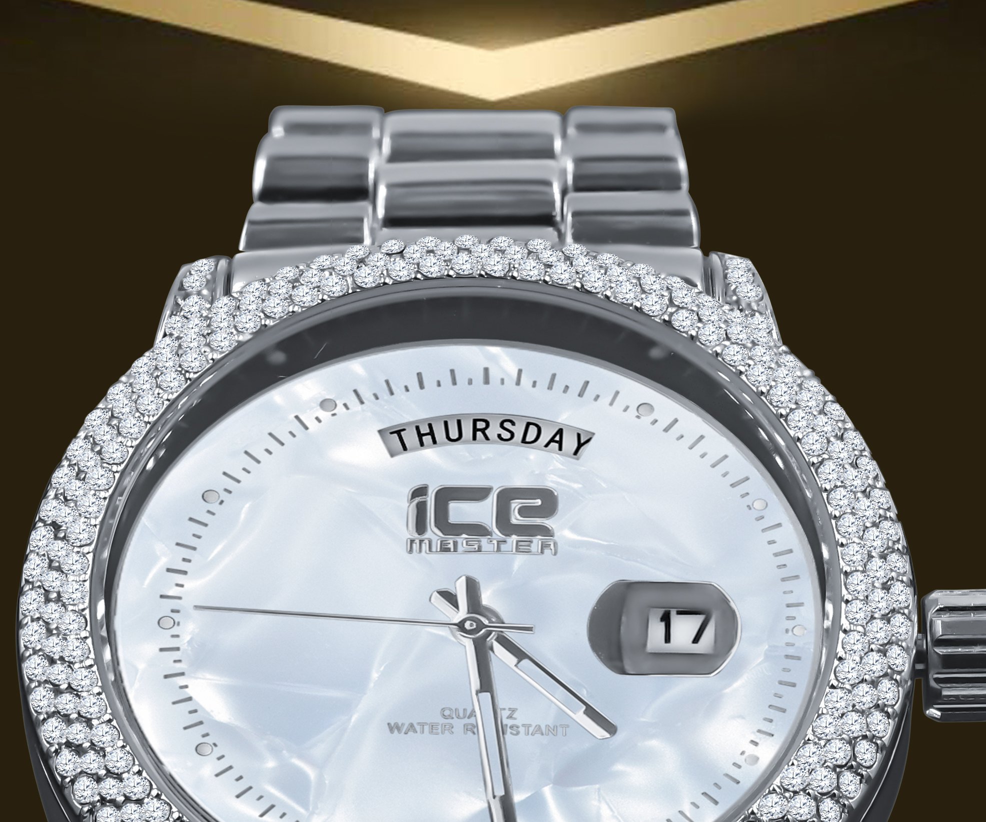 GRANDEUR HIP HOP METAL watch featuring a polished chain and sparkling CZ stones on the dial, showcasing luxury and elegance.