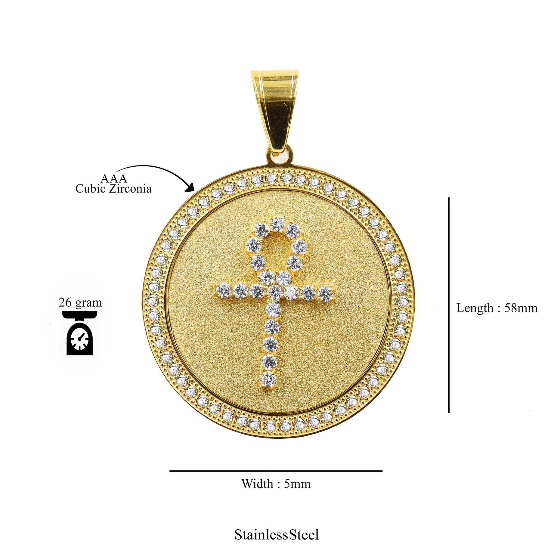 GRANDEUR Steel Pendant featuring an ankh cross design with cubic zirconia stones, elegantly shining against a neutral background.